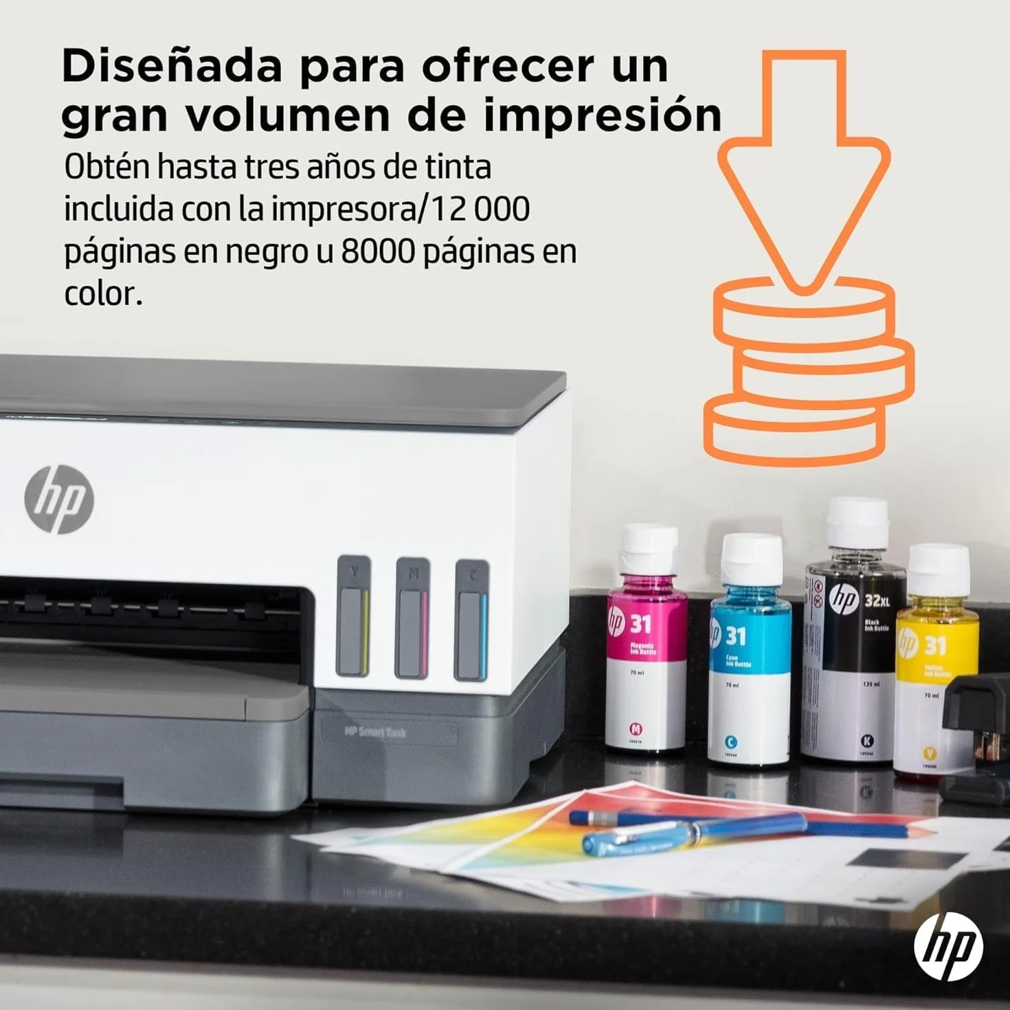 HP Smart Tank 7005 28B54A - Impresora A4 Multifunción con Deposito de Tinta Recargable, Impresión a Color, Escaner, Copiadora, Wi-Fi, Smart App, Blanca y Gris Oscuro