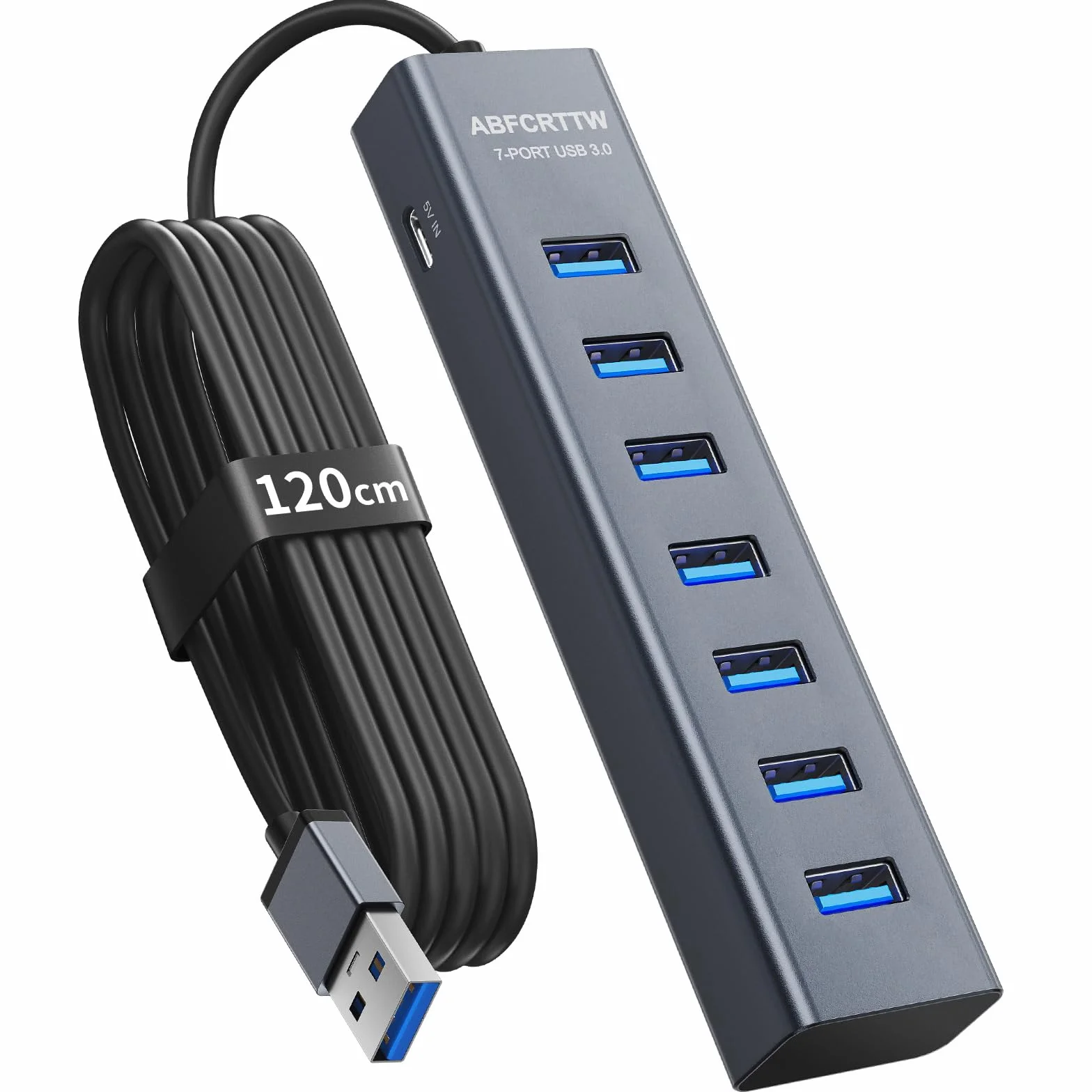 7 Puertos Hub USB 3.0 con 120cm Cable para PC Computadora, Aluminio USB Hub Adaptador multipuerto con USB 3.0 5Gbps, 5V 3A USB-C Alimentado para PC, Laptop, MacBook, Mouse, Teclado, U-Disk etc.