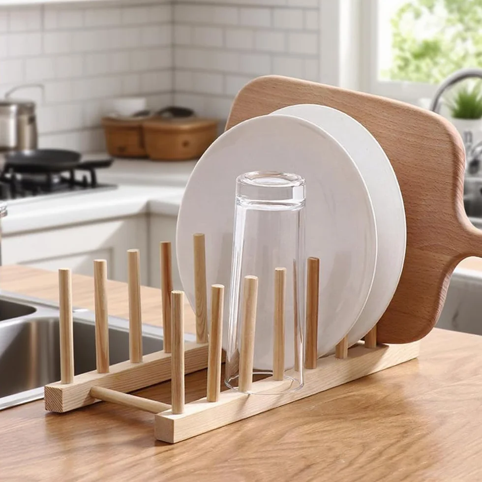 Escurreplatos de Madera Plegable Organizador de Cocina con Soporte para Platos y Vasos
