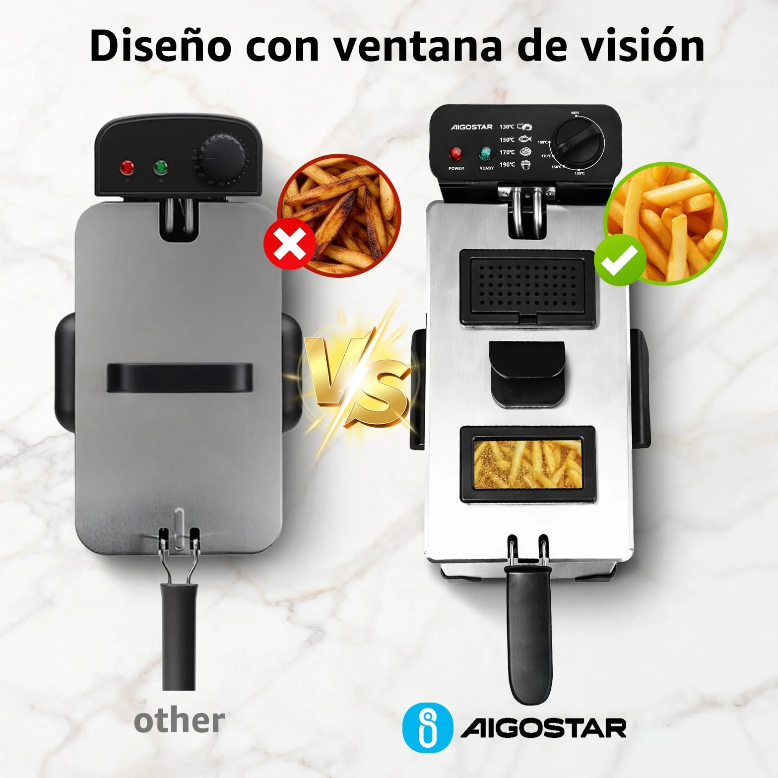 Aigostar Ushas 30HEZ Freidora de 3 litros 2200W Acero inoxidable 304