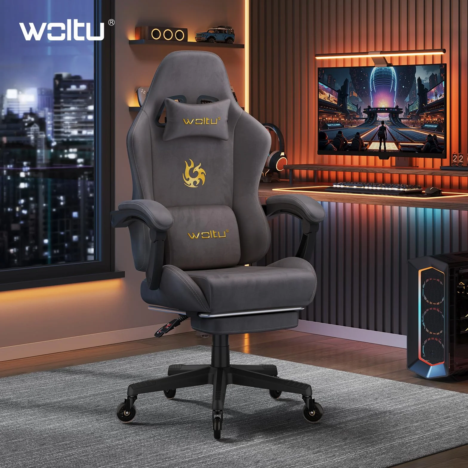 WOLTU Silla Gaming con Soporte Lumbar Ergonómica Oficina Giratoria Reposapiés Tela Ante Gris