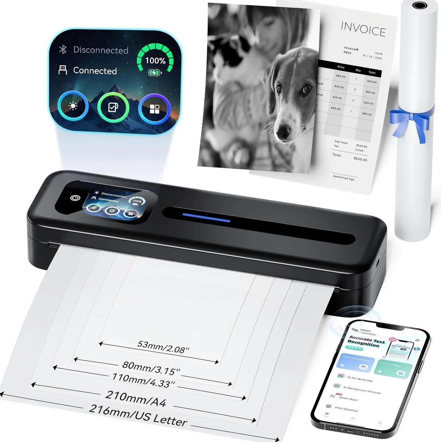 Phomemo M832D Impresora Termica A4, Impresora con Pantalla táctil y Bluetooth sin Tinta para casa y Oficina, impresoras móviles de 300 dpi Compatible con iOS y Android, teléfono y portátil