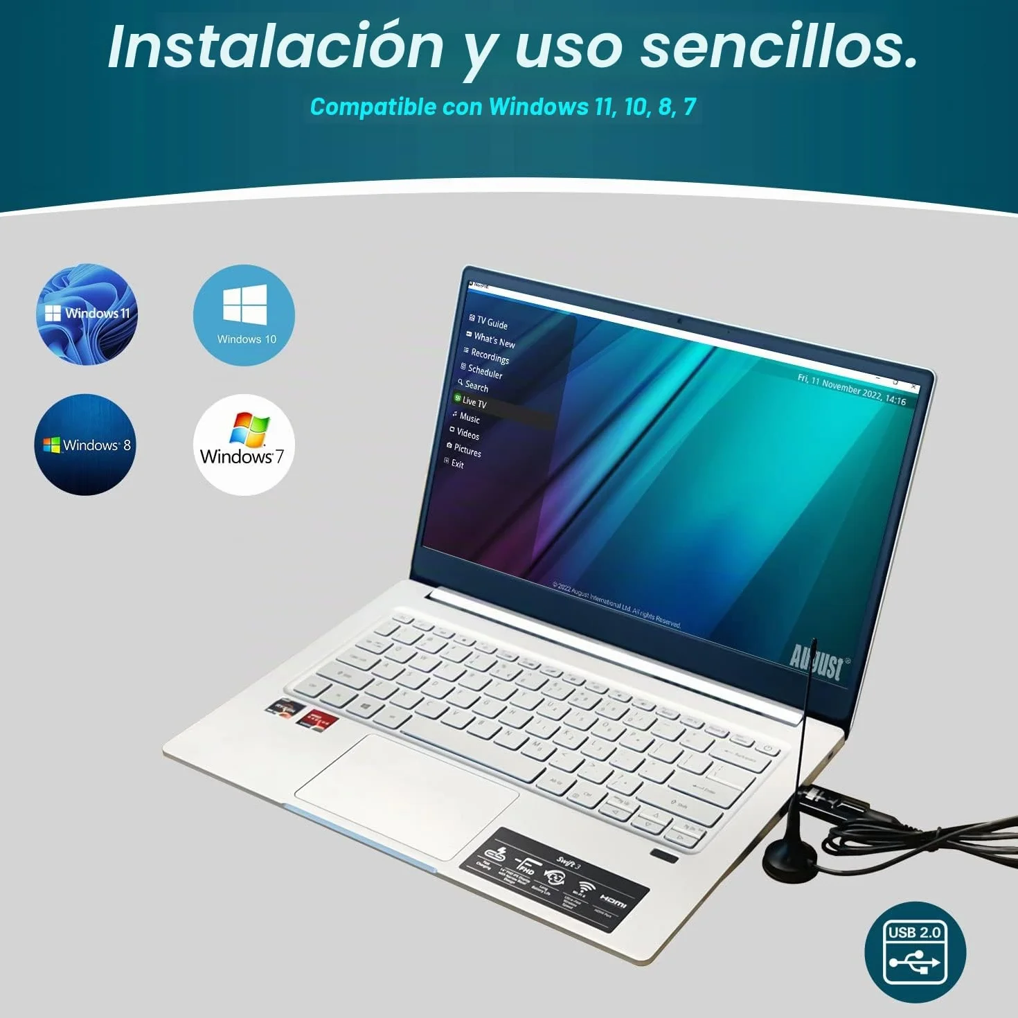 August DVB-T202 Sintonisador TV USB TDT para PC Ordenador Digital - USB TV Stick Television España y Portugal - Windows 11, 10, 8, 7 - Antena y Software incluidos
