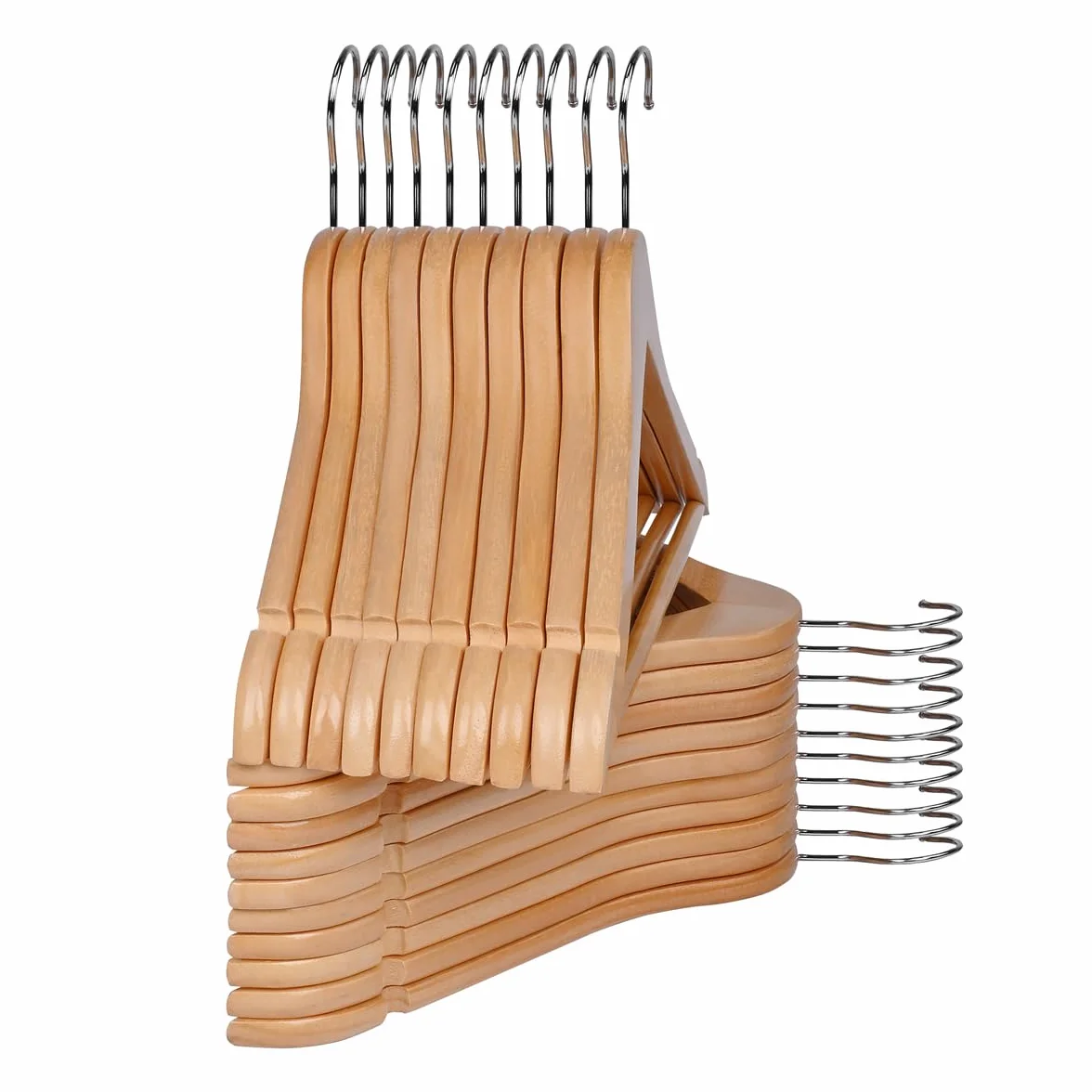 Perchas para Ropa de Madera Natural con Muescas Antideslizantes y Gancho Giratorio - Pack 20