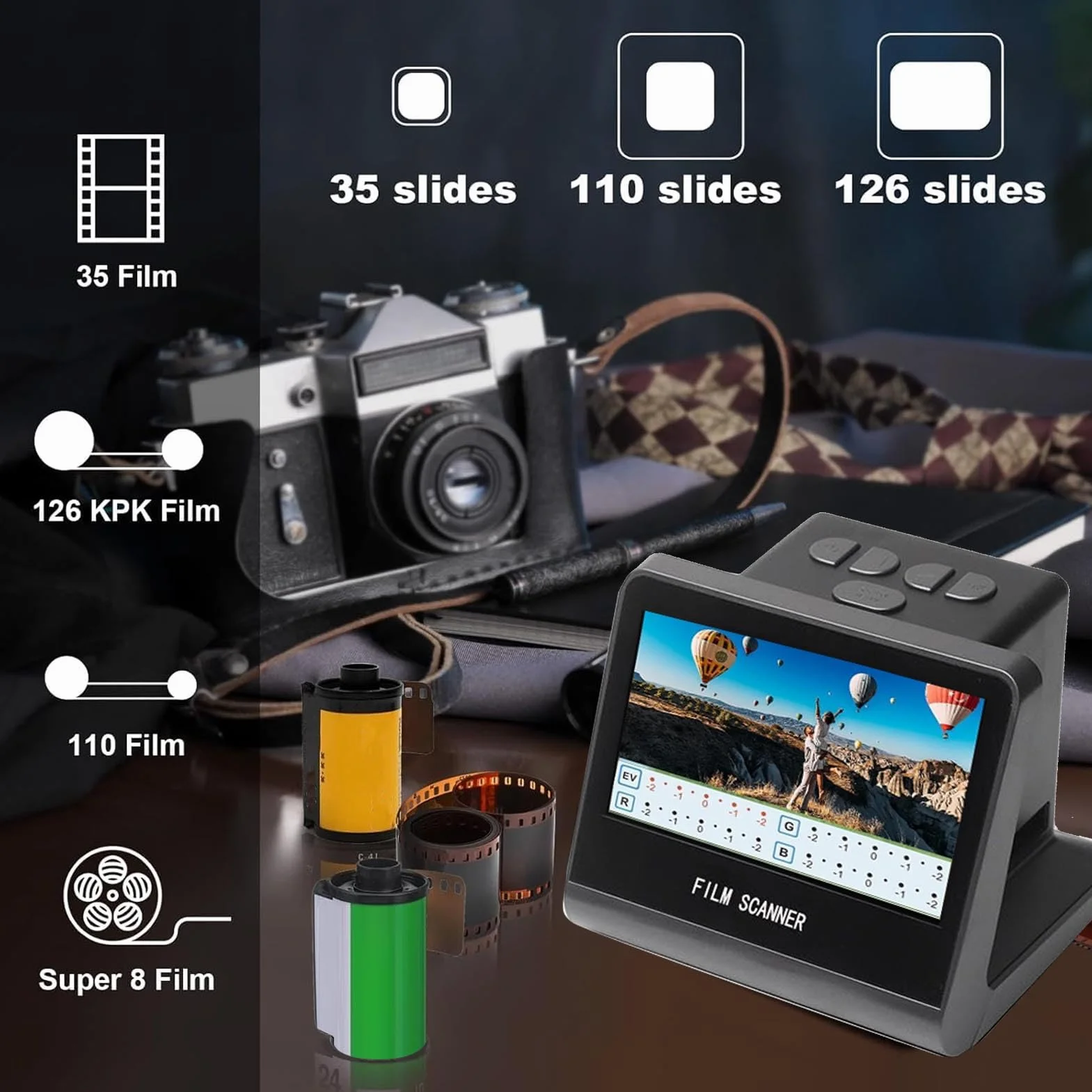 ASHATA Digital Film Slide Scanner, Se Convierte Negativo en Fotos JPEG de 22MP Digitales, Compatibles con 35/126/110/135/126/110/50 Mm, para Super 8, con Pantalla LCD de 5 Pulgadas