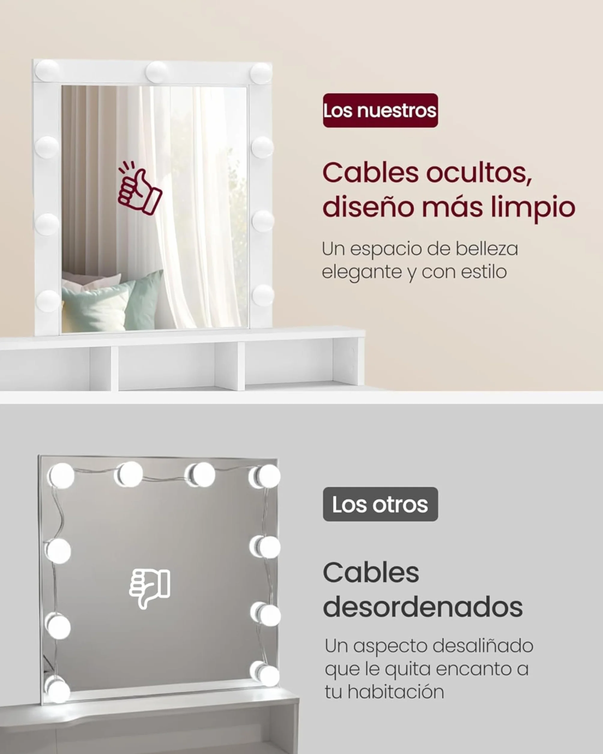 VASAGLE Kailyn Colección Tocador LED Iluminación Regulable 3 Colores Mesa Maquillaje Espejo 2 Cajones 3 Compartimentos Blanco