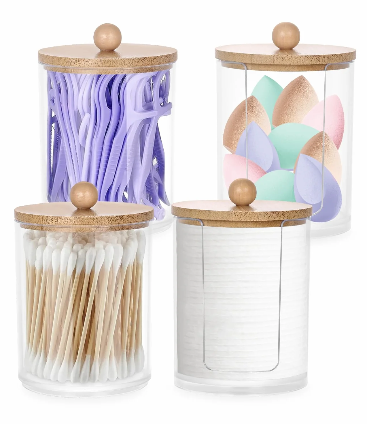 Dispensador de Algodón y Hisopos - 4 Piezas Soporte Con Tapas de Bambú Para Almohadillas y Bolas de Algodón - Contenedor Cosmético