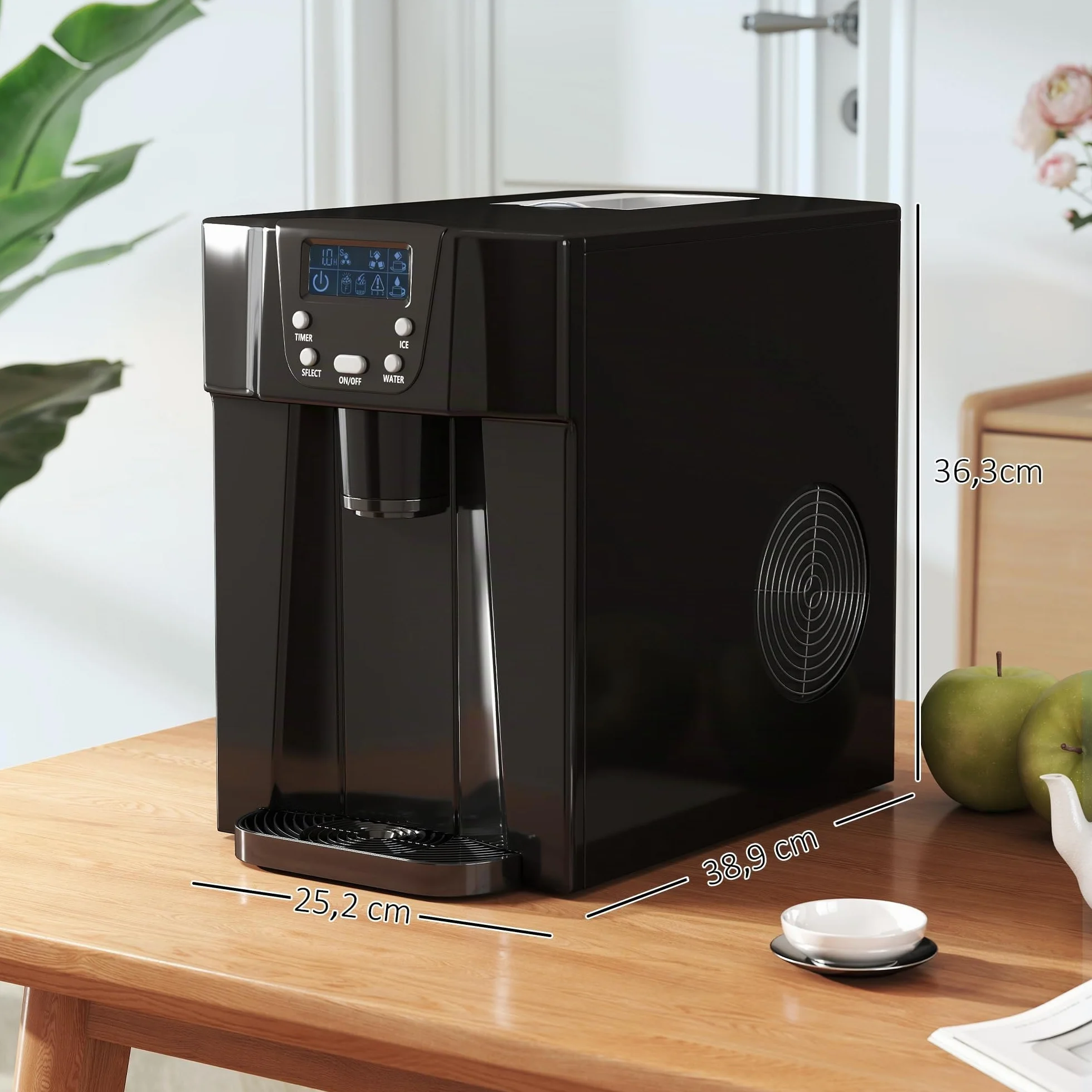 HOMCOM Máquina de cubitos de hielo portátil, 12 kg/24h, 9 cubitos en 6-10 min, tamaño ajustable, temporizador, depósito 3L