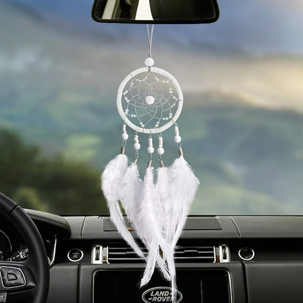 Atrapasueños Hecho a Mano Colgante para Coche Adorno Espejo Retrovisor Boho (Blanco)