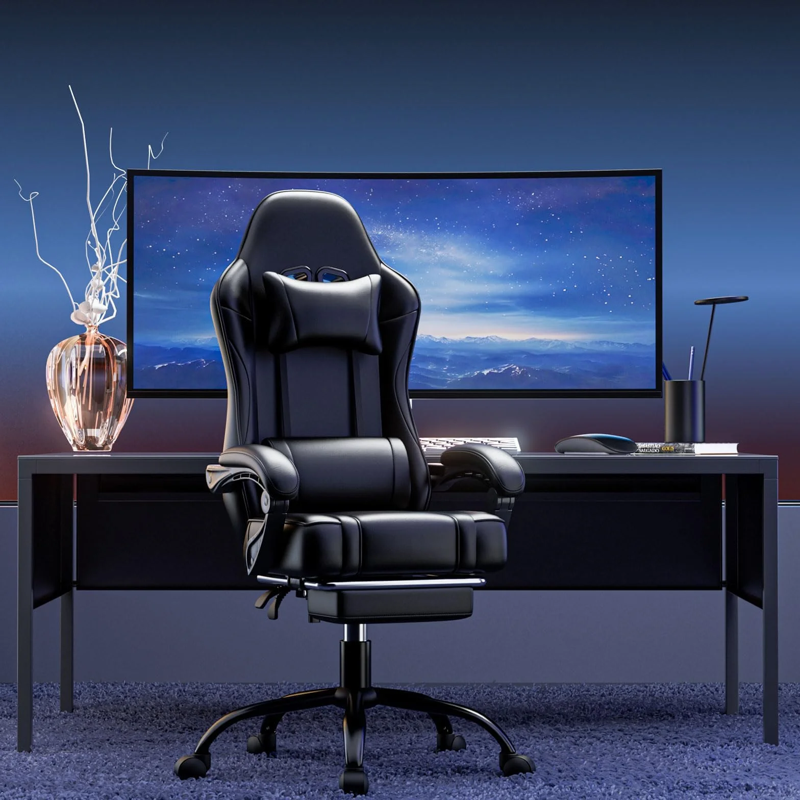 Silla Gaming con Reposapies Respaldo Lumbar Ajustable Altura Piel Sintética Negra