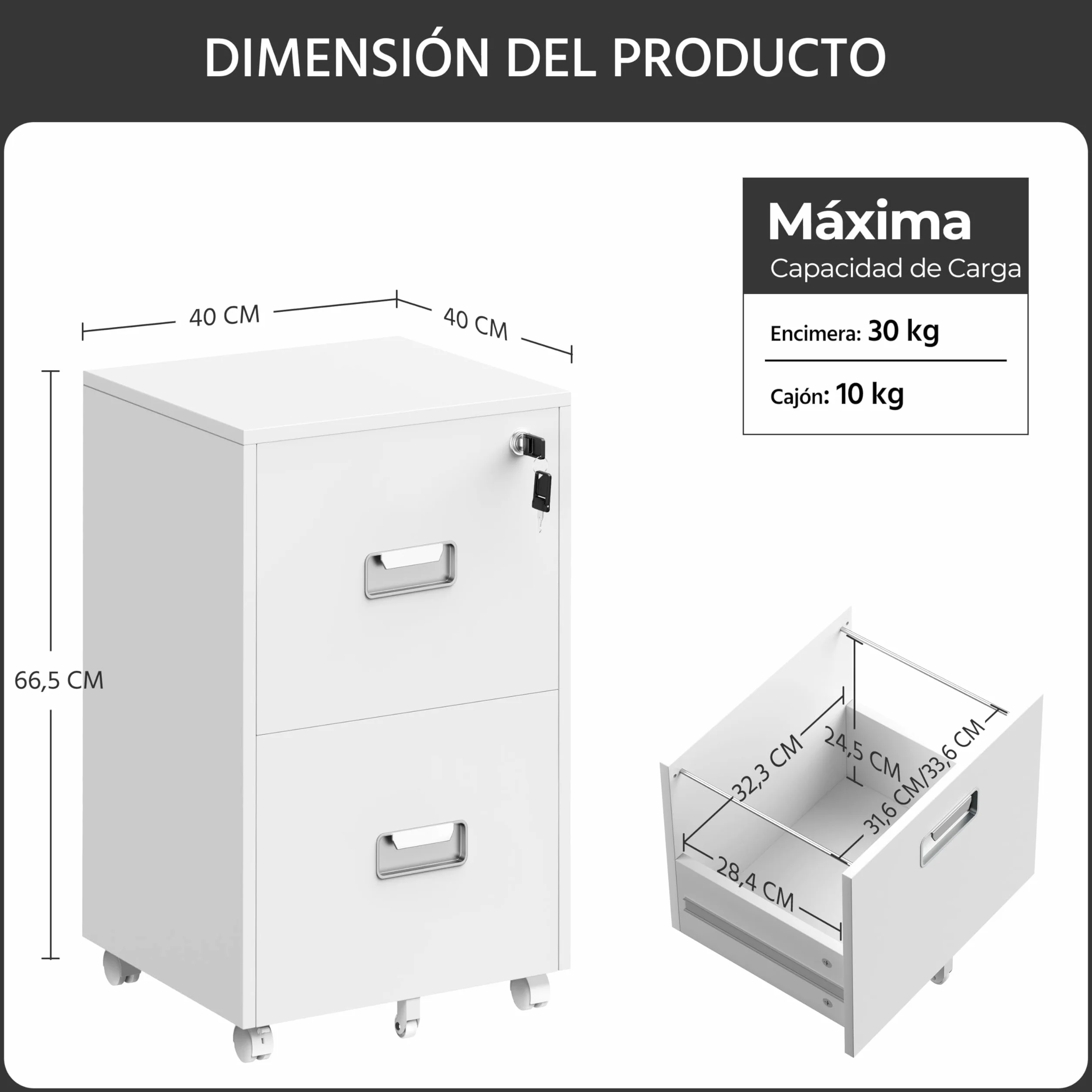 Yaheetech Cajonera Oficina Móvil 2 Cajones Cerradura Mueble Archivador Ruedas Frenos Barras Colgantes Ajustables Carpetas A4 Carta 40x40x66,5 cm Blanco