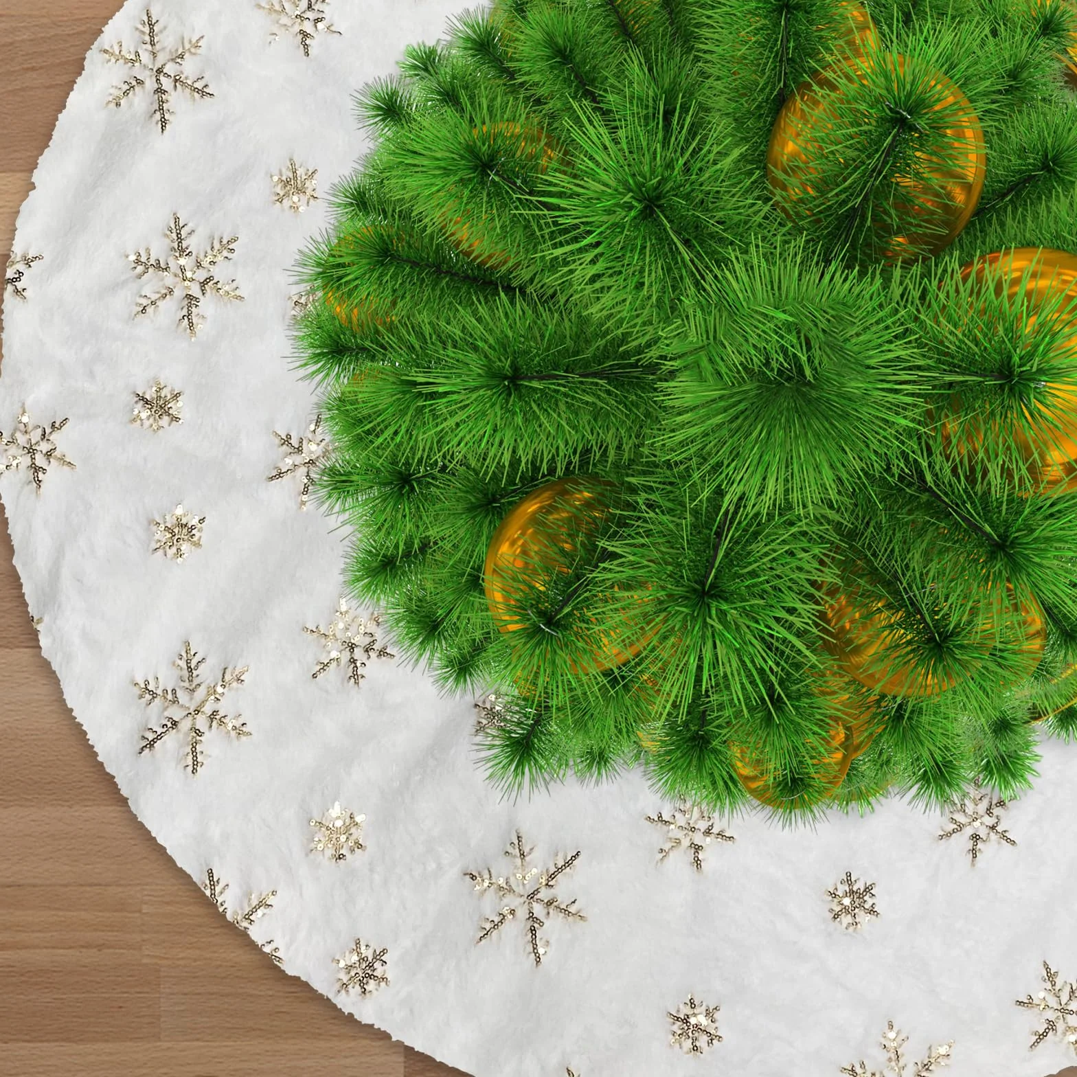 Falda del árbol de Navidad 90cm Doble Capa de Felpa Blanco Estampado Copo de Nieve Oro Decoración Navidad