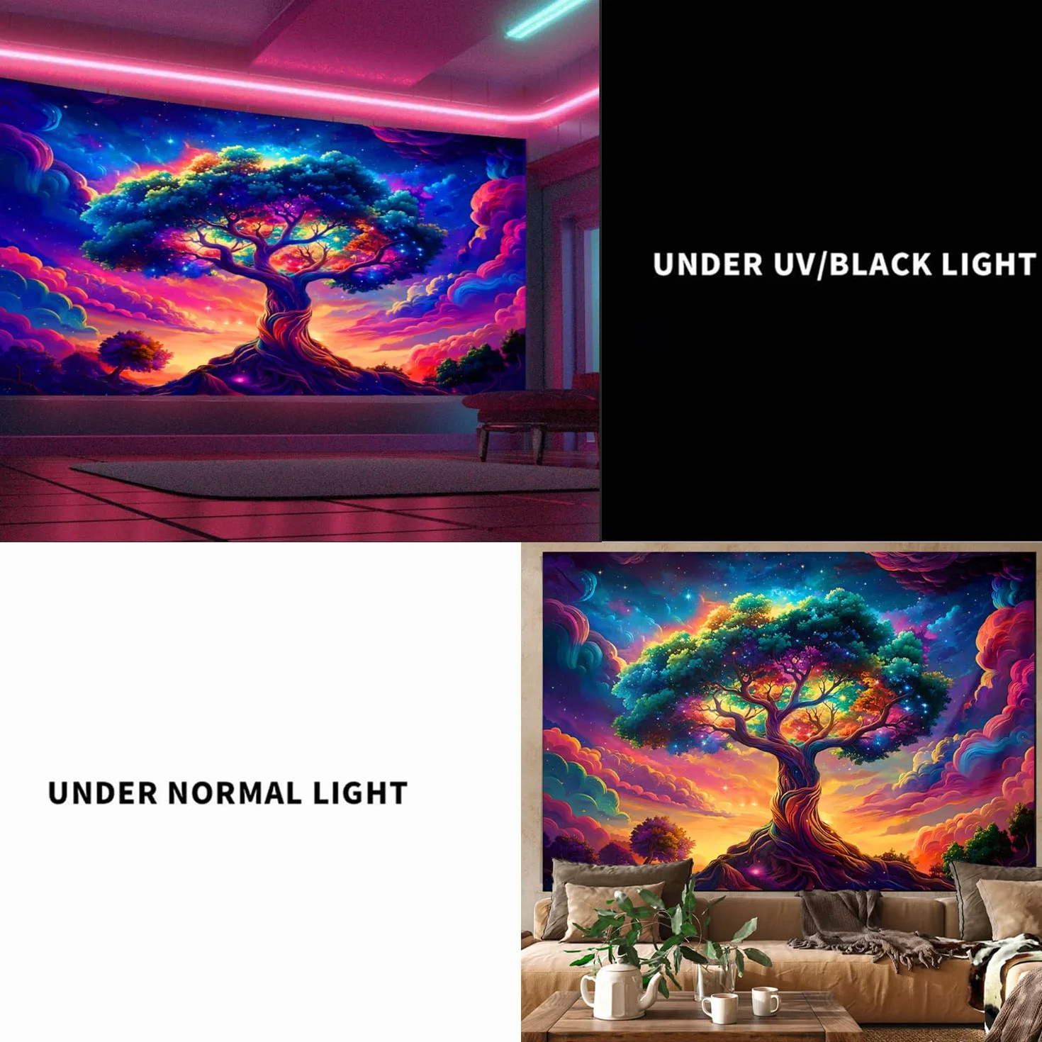 Arsey Árbol de la Vida Tapiz con Luz Negra 300x180 cm UV Reaktiv