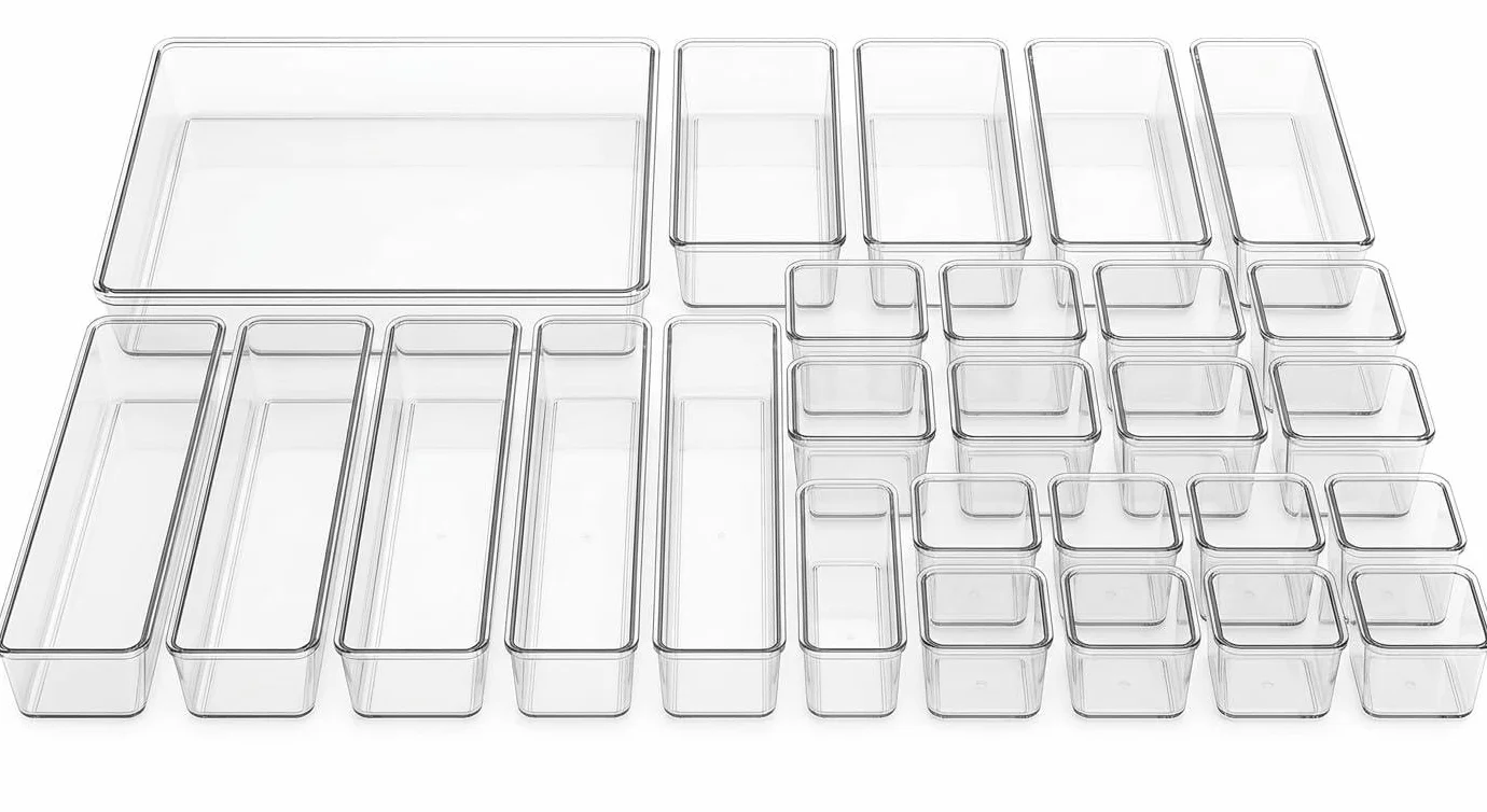 Organizador de Cajones 25 Piezas - Set de Organizadores Transparentes Apilables de Plástico Resistente Antideslizante para Cocina y Baño