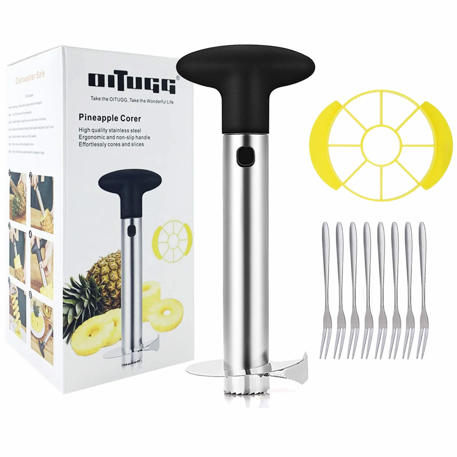 Pelador de Piña: [3-en-1] Inoxidable Acero Cortador de Piña para Pelar y Rebanar y Quitar el Corazón de Piña - con 1 pcs Cuña de Piña & 8 pcs Frutas Tenedores - Include Garantía Un Año (negro)