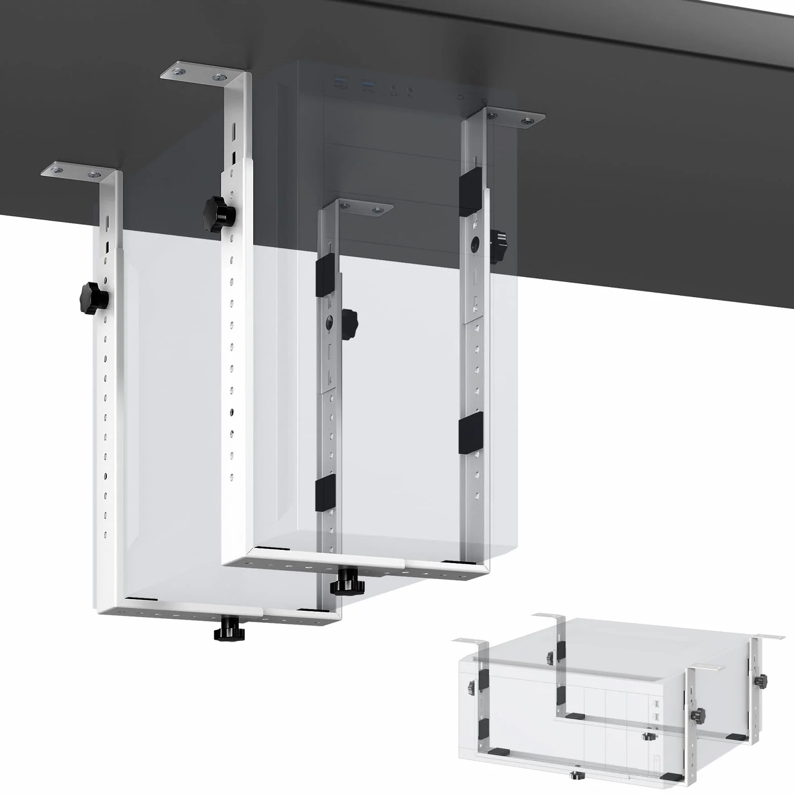 PUTORSEN Soporte de PC para debajo del escritorio para cajas de torre media/minitorre, soporte vertical u horizontal para CPU de hasta 75 libras, estante de computadora que ahorra espacio para ATX