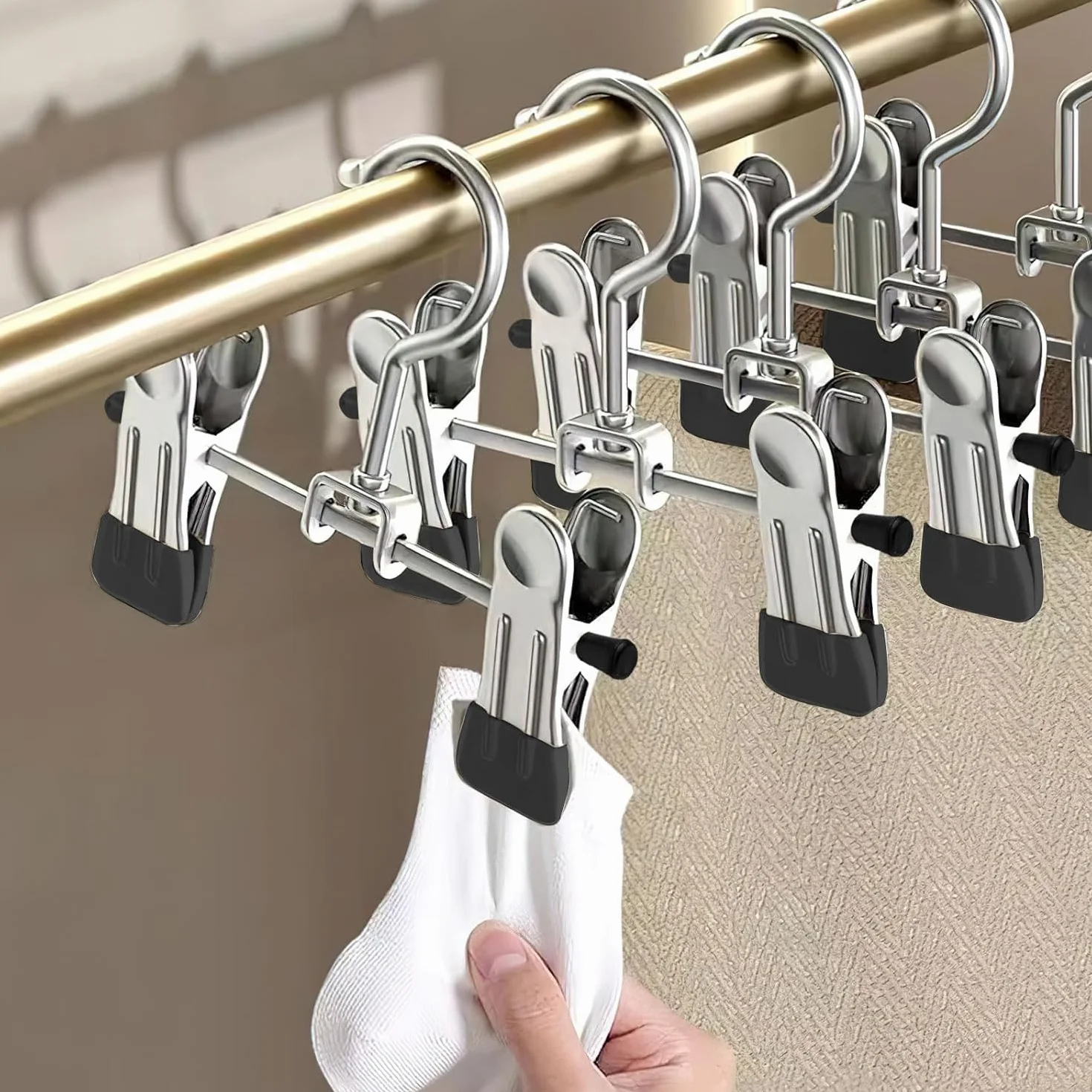 Gancho Colgante de Lavandería de Acero Inoxidable 10 Piezas con Pinzas Antideslizantes para Botas Pantalones Sombreros Negro