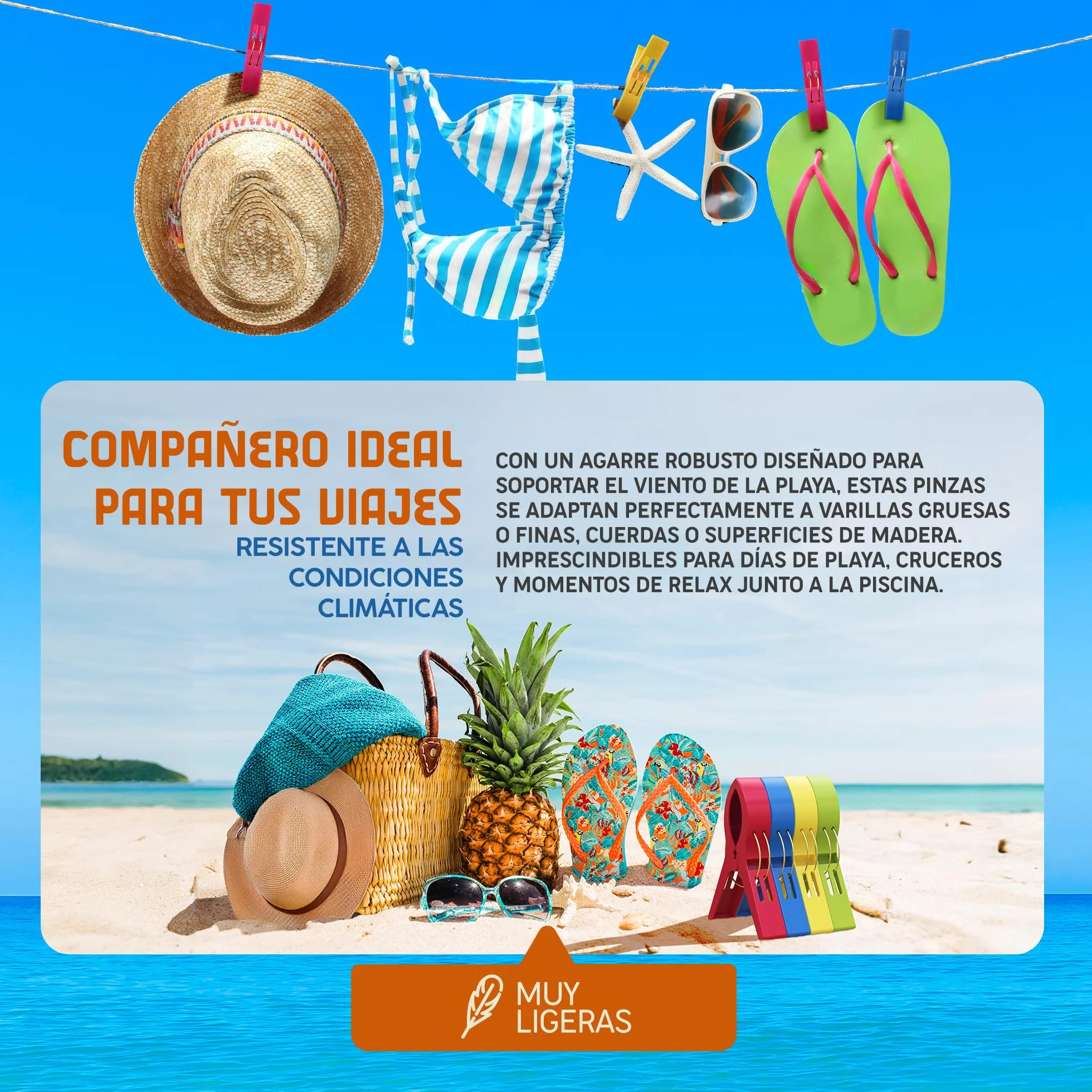 PORTENTUM Pinzas para Toalla de Playa, Set de 12, Multicolor, 12 x 8.5 x 2.1 cm
