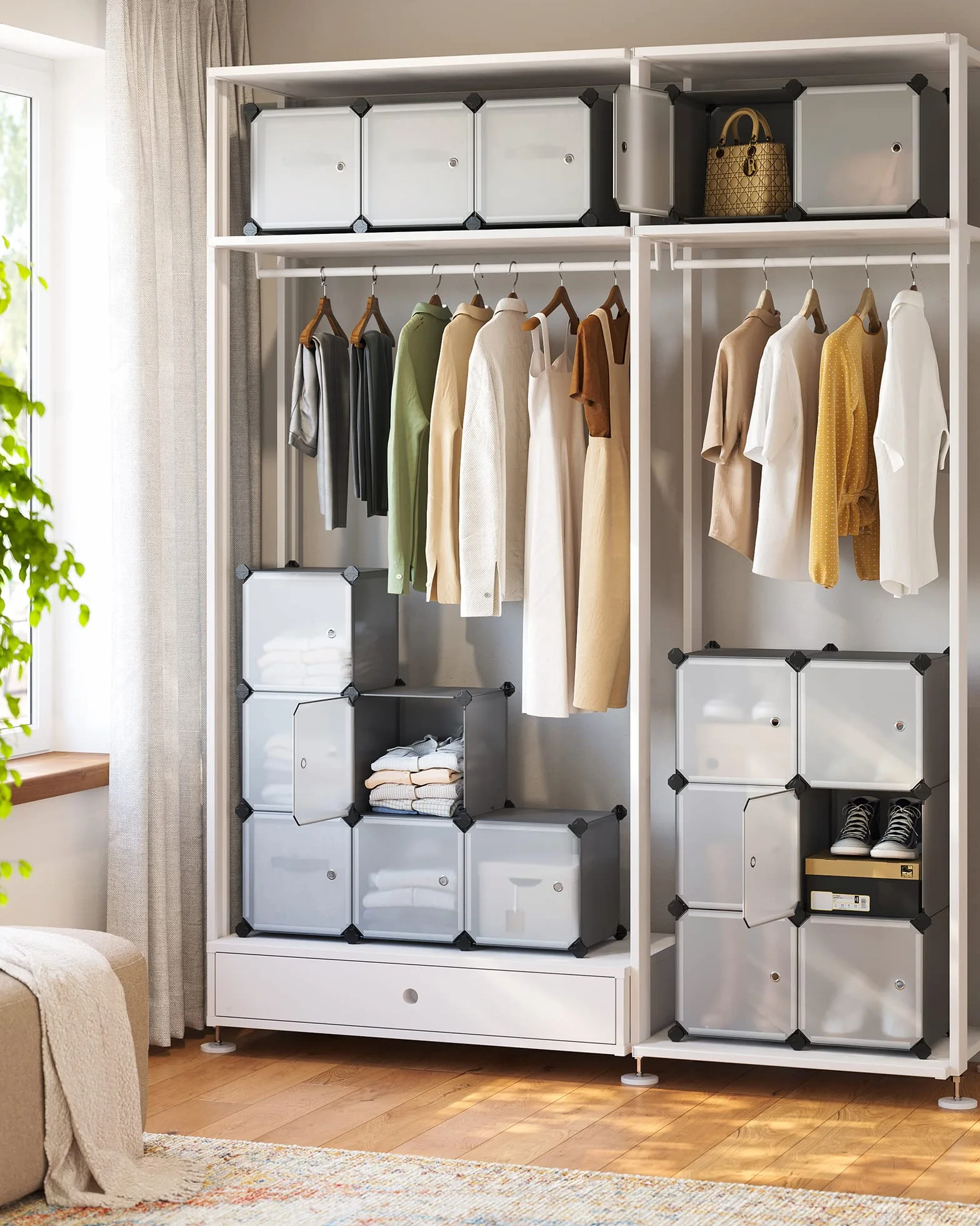 SONGMICS Estantería Modular 16 Cubos con Puertas Gris y Blanco