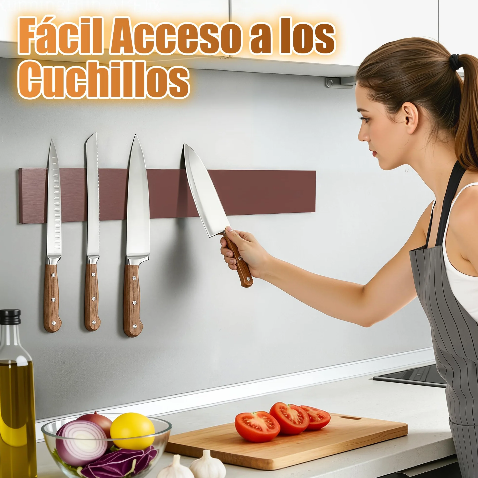 Soporte Cuchillos Cocina Magnético 40 cm, Organizador Cuchillos Madera con Imanes Adhesivos y 2 Ganchos Autoadhesivos
