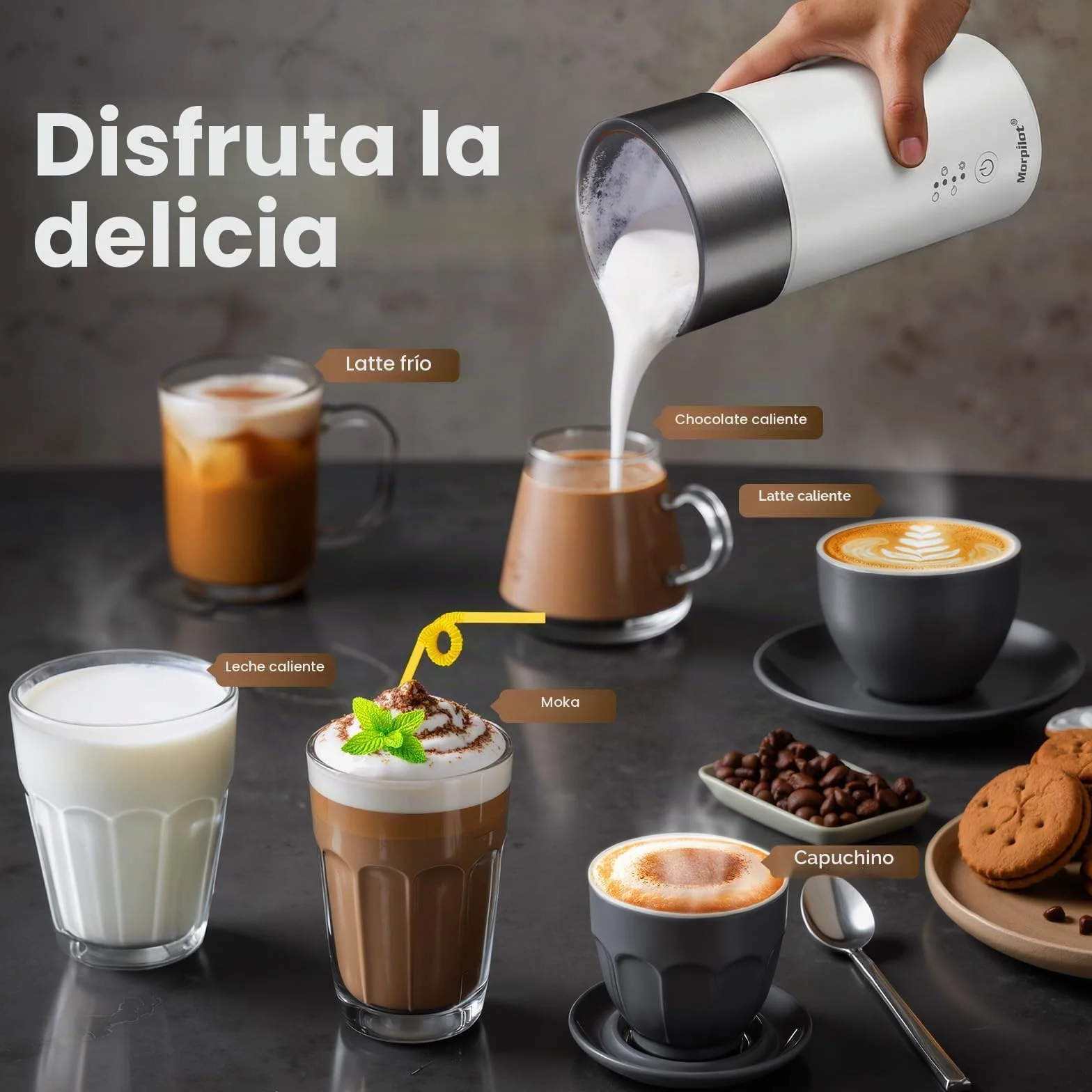 Morpilot Espumador de Leche Eléctrico Automático, 4 en 1, Acero Inoxidable, Blanco