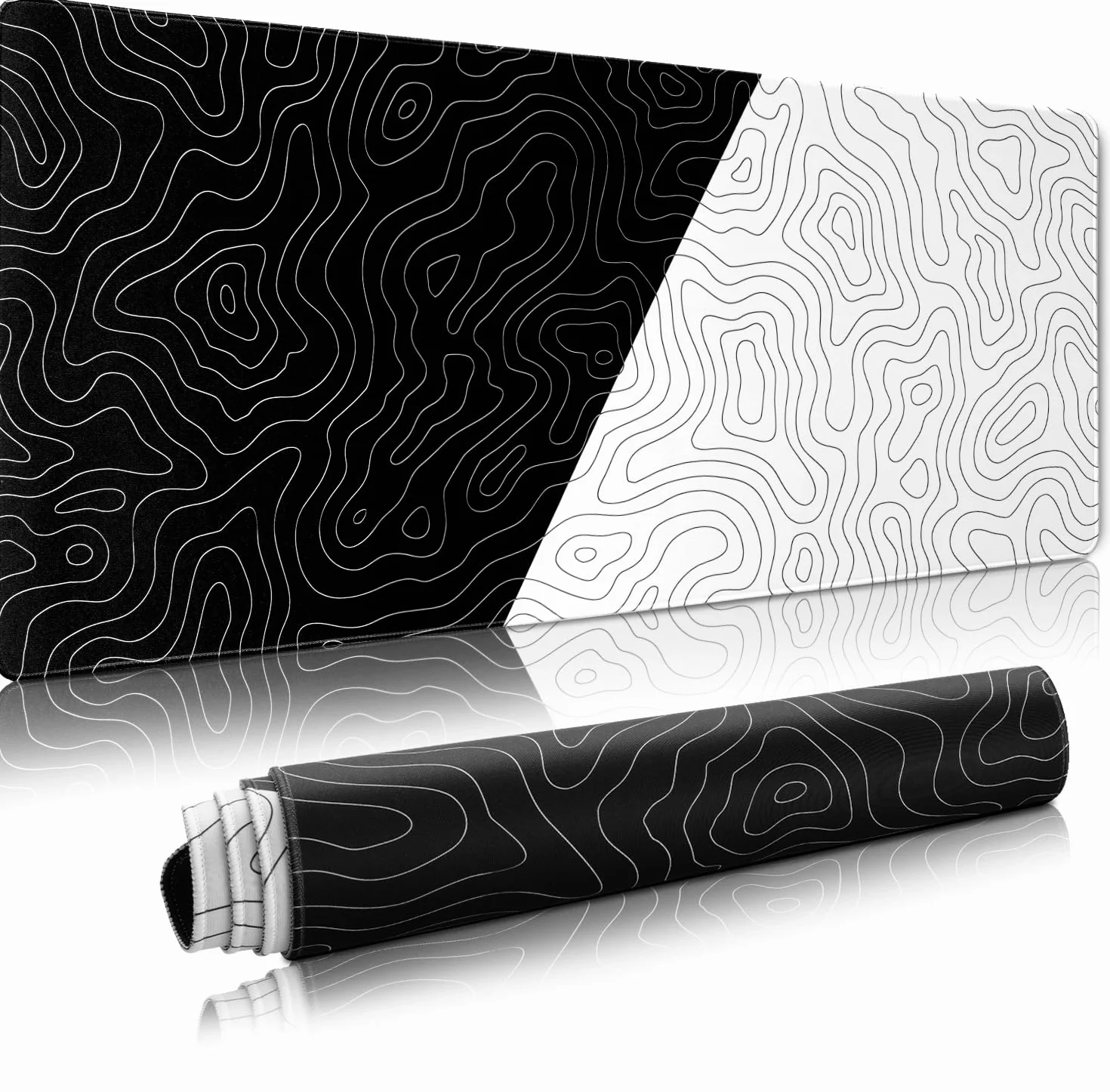 Alfombrilla de mouse grande para juegos, alfombrilla de mouse topográfica XXL negro/blanco de 35.4 x 15.7 pulgadas, almohadilla de escritorio impermeable, base de goma antideslizante, alfombrilla para