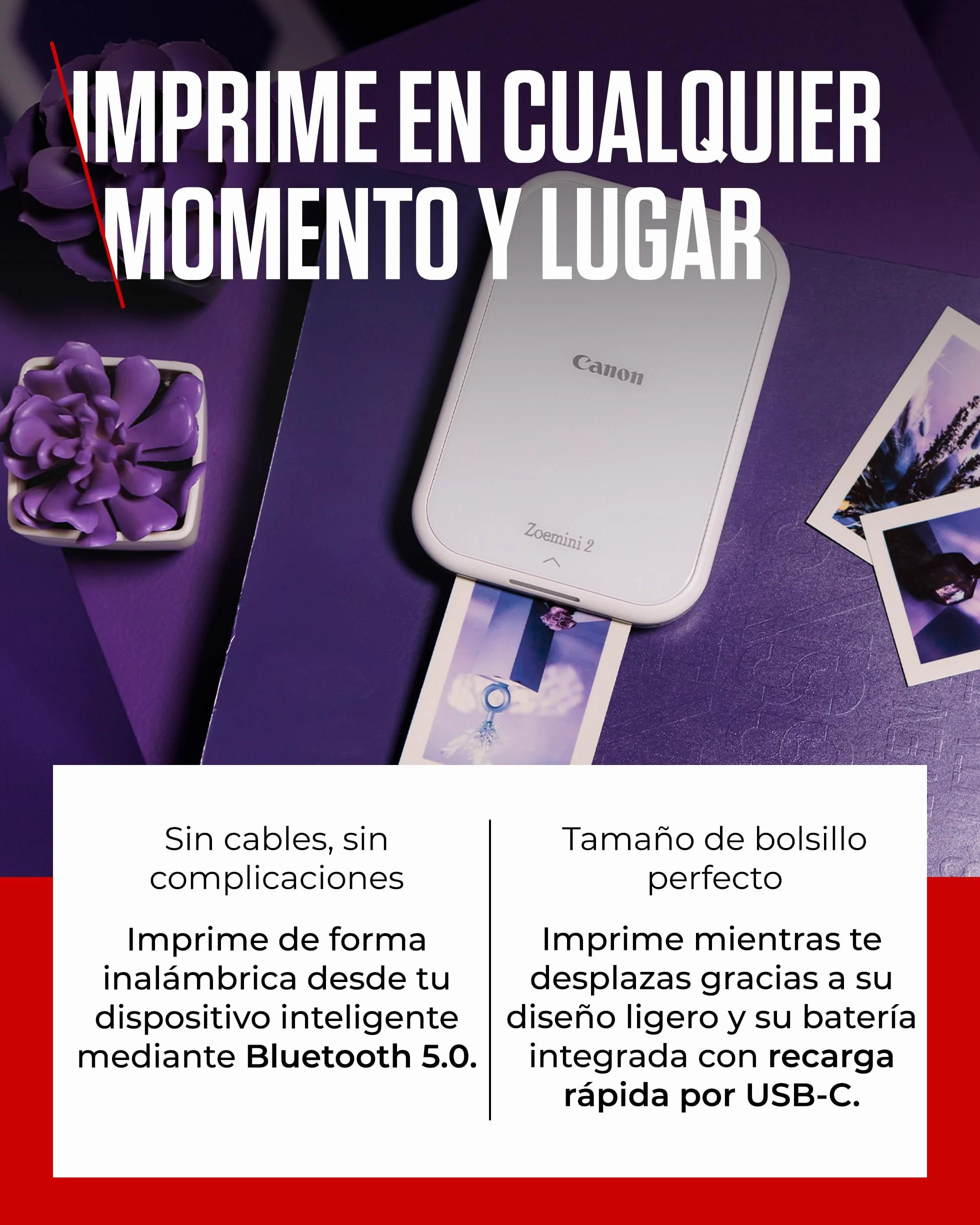Canon Zoemini 2 Kit de Impresión – Impresora Fotográfica Portátil y Compacta – Bluetooth 5.0 – Carga Rápida USB C Ideal para Viajes (Blanco)