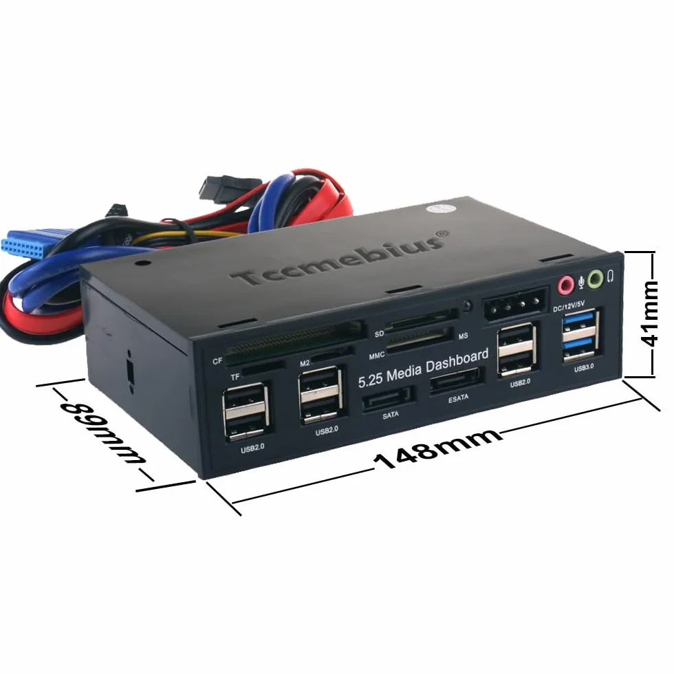 TCC-QL5E 5.25 Pulgadas PC Multifunción Salpicadero Medios de Comunicación Panel Frontal, con SATA e-SATA USB 2.0 3.0 Hub Audio Puertos y 5-en-1 Lector de Tarjetas (SD/MMC/CF/MS/TF/M2)
