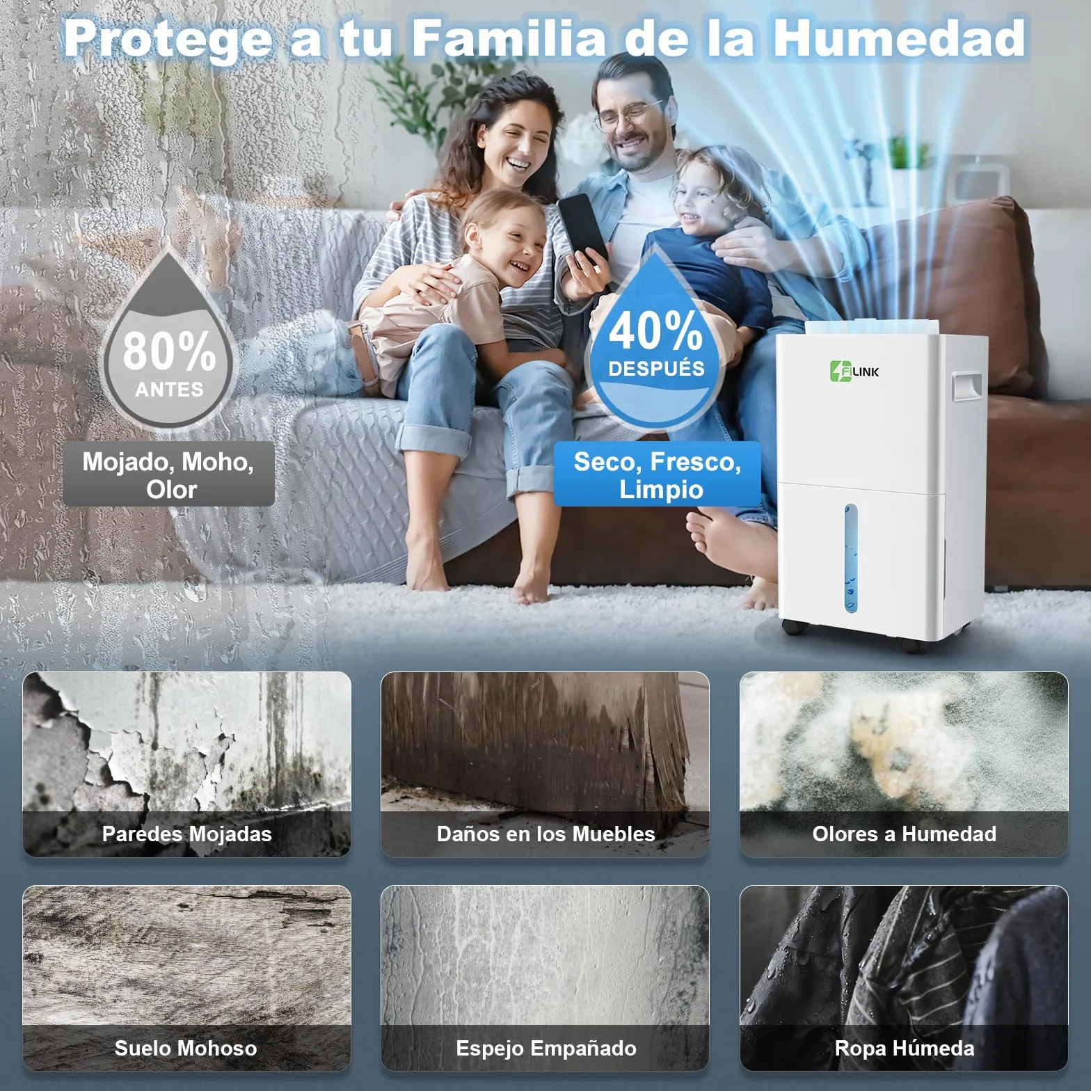 Deshumidificador 9L/Día 60m³ Silencioso Temporizador 24H Apagado Automático