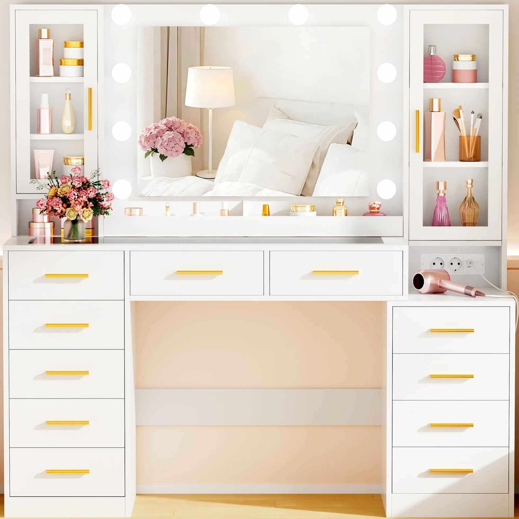 ANWBROAD Tocador con Espejo y Luz LED 135cm, Mesa de Maquillaje con Enchufes, Puertas de Vidrio Templado, 11 Cajones, Blanco BDT23W