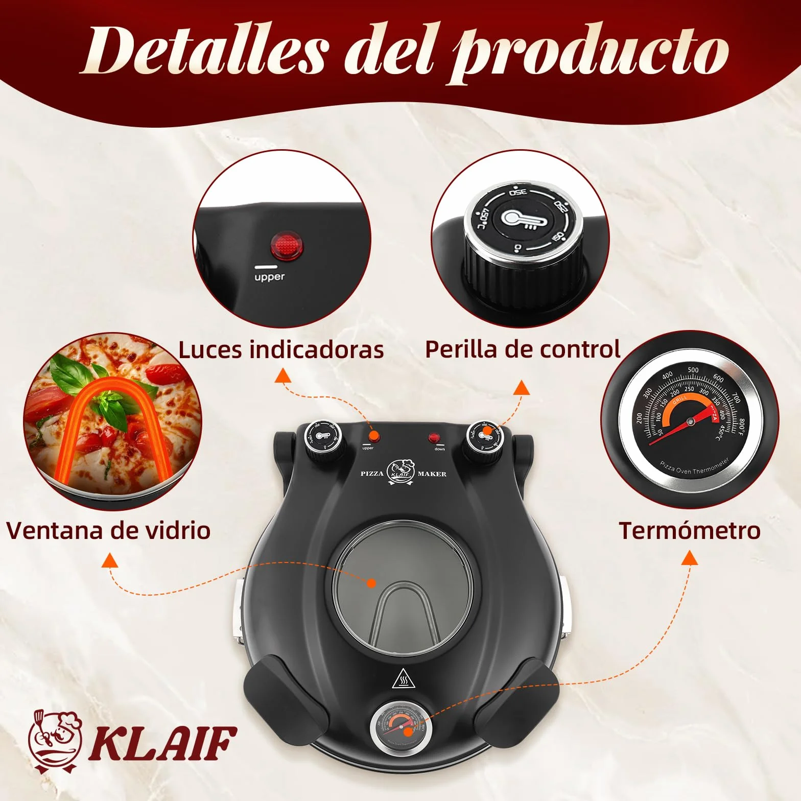 KLAIF Horno Eléctrico para Pizza 420 °C, 1200 W, Piedra de Cerámica 31 cm, Calor Regulable, Compacto, LM-negro