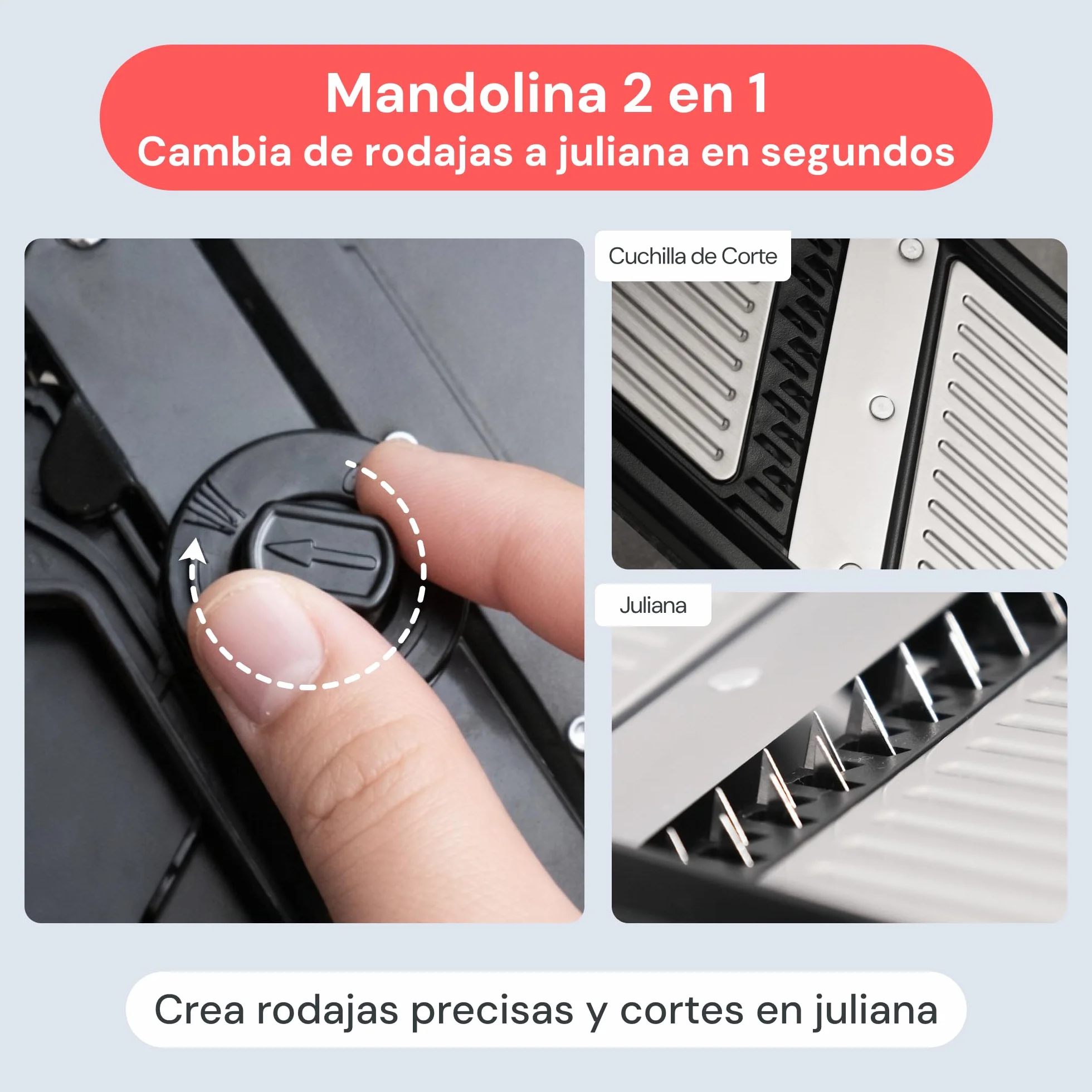 Mandolina de Cocina Profesional 2 en 1 Acero Inoxidable Grosor Ajustable 1-4 mm con Cuchilla Juliana