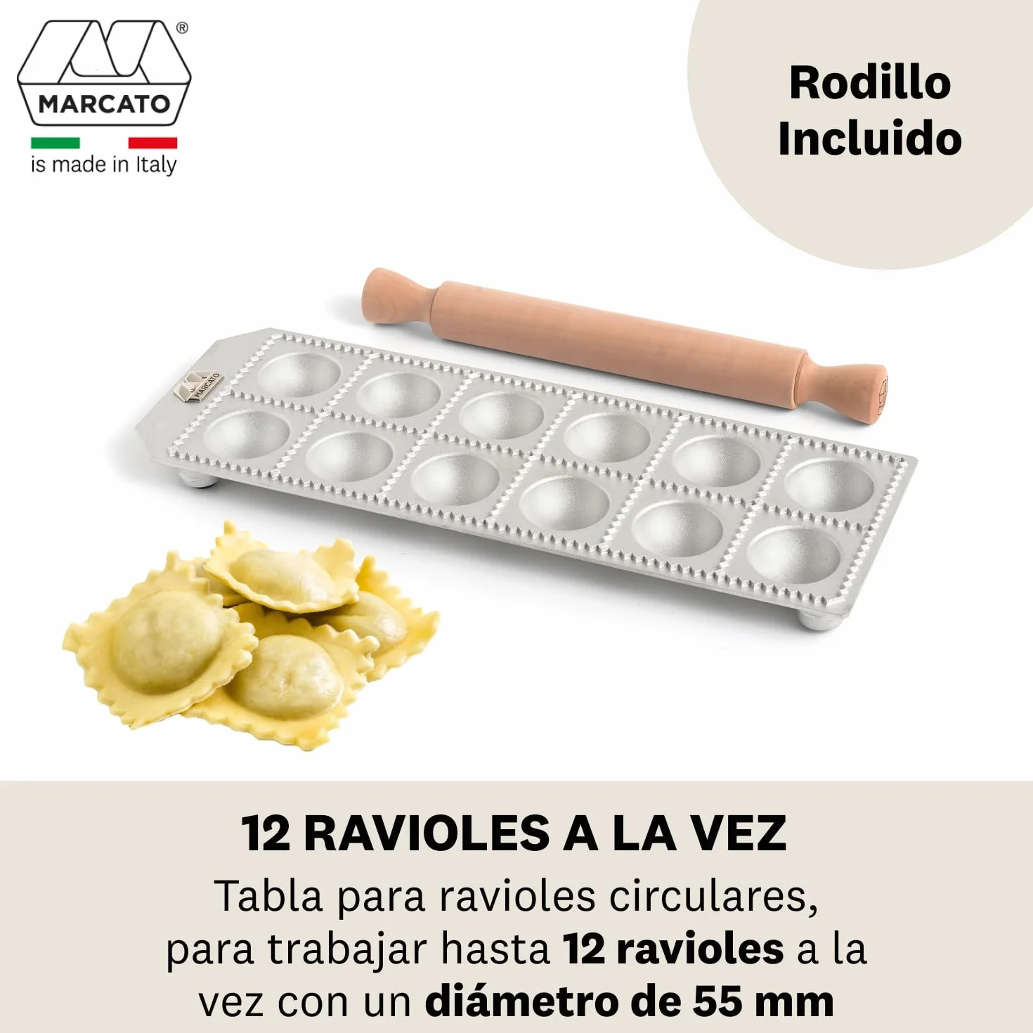 Marcato Máquina para Raviolis, Molde Raviolis Caseros, Corte 50 mm, Rodillo Madera