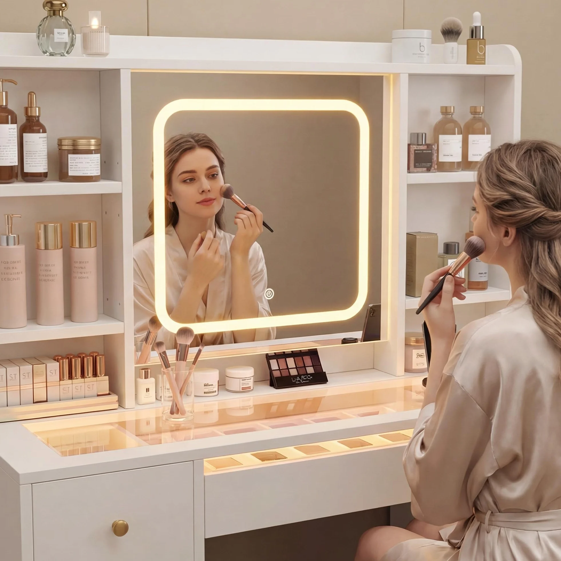 Tocador de Maquillaje con Luces LED Ajustables, Mesa con Espejo, 9 Cajones, 7 Estantes, Soporte para Secador, Blanco