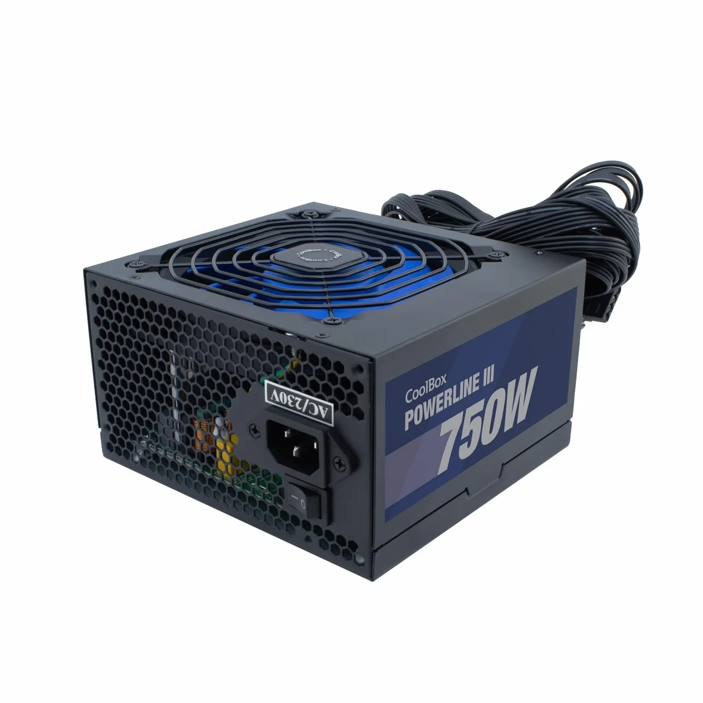 CoolBox Powerline3 750, Fuente de Alimentación PC 750W, ATX, 85% Eficiencia, Ventilador Ultra-silencioso 12cm, Tecnologías SMD y DC-DC, Filtro emi, Cables Planos Largos, Negro