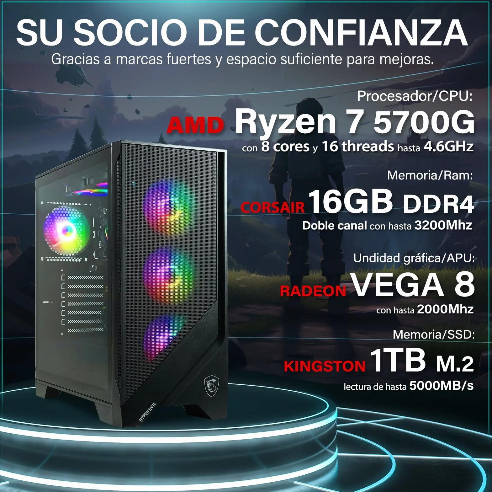 HYPER BYTE® - PC Gaming - Set Completo con AMD Ryzen 7 5700G | 16 GB de RAM DDR4 | SSD 1 TB | Monitor de 25 Pulgadas | Ratón & Teclado | WLAN | Win11 Pro | Ordenador sobremesa Gamers