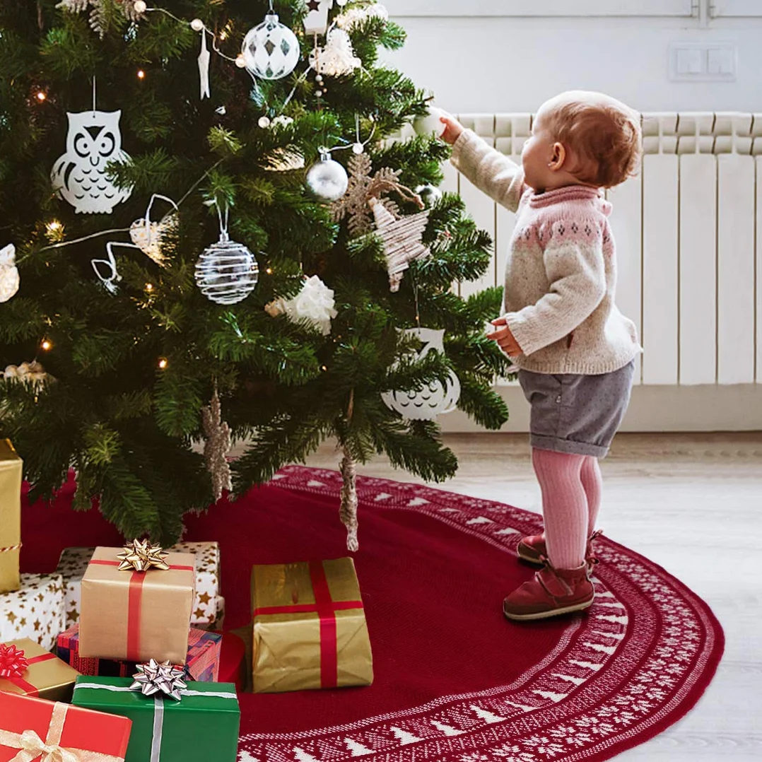 Falda de árbol de Navidad Dremisland 122cm rústica tejida burdeos copo de nieve decoración hogar