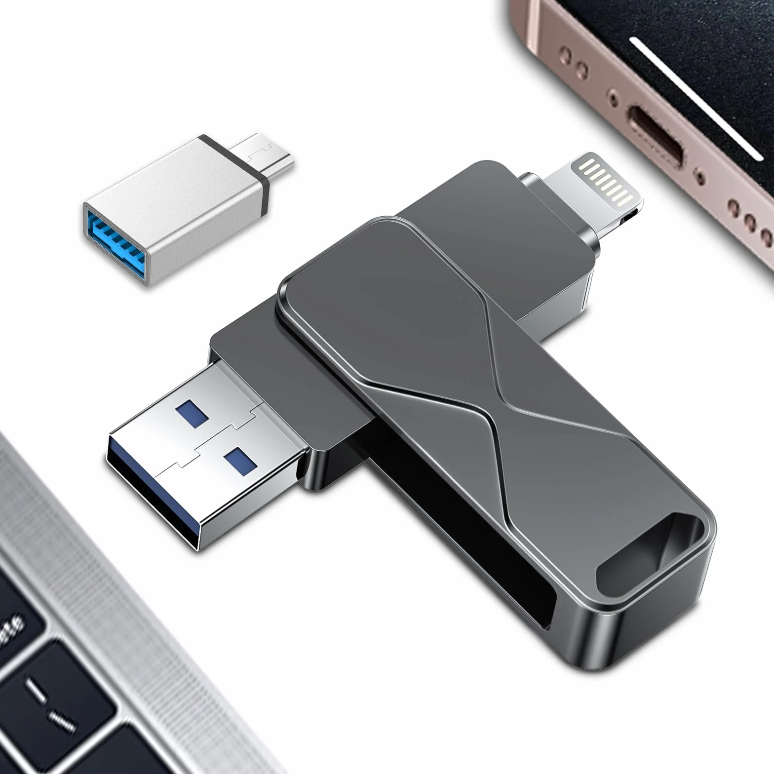 Memoria USB para iPhone, MFi Certificada, Memoria Externa Lightning, Pen Drive Lápiz USB 3 en 1 para iPhone, iPad, iOS, MacBook, Android, PC (Negro, 256GB)