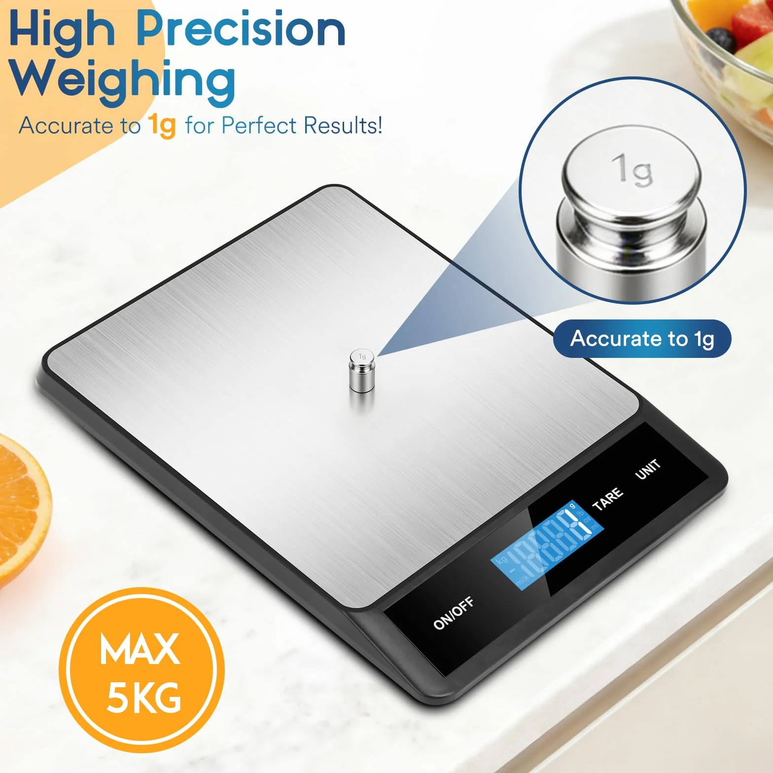 Zivacate Báscula Cocina Digital 5kg/11 lb Precisión 1 g/0,05 oz Acero Inoxidable con Función de Tara