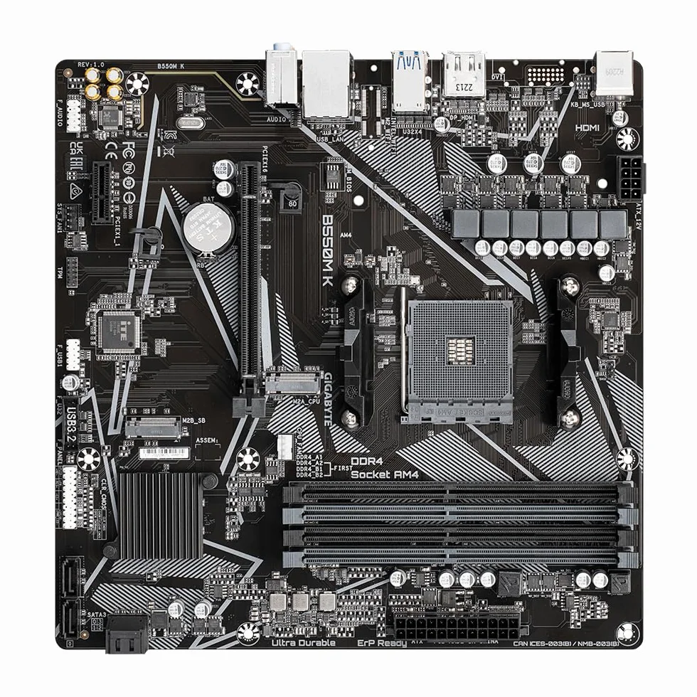 GIGABYTE B550M K Placa Base - Procesadores AMD Ryzen 5000, hasta 4733 MHz DDR4, 1xPCIe 4.0 + 1xPCIe 3.0 M.2, LAN 1GbE, USB 3.2 Gen 1