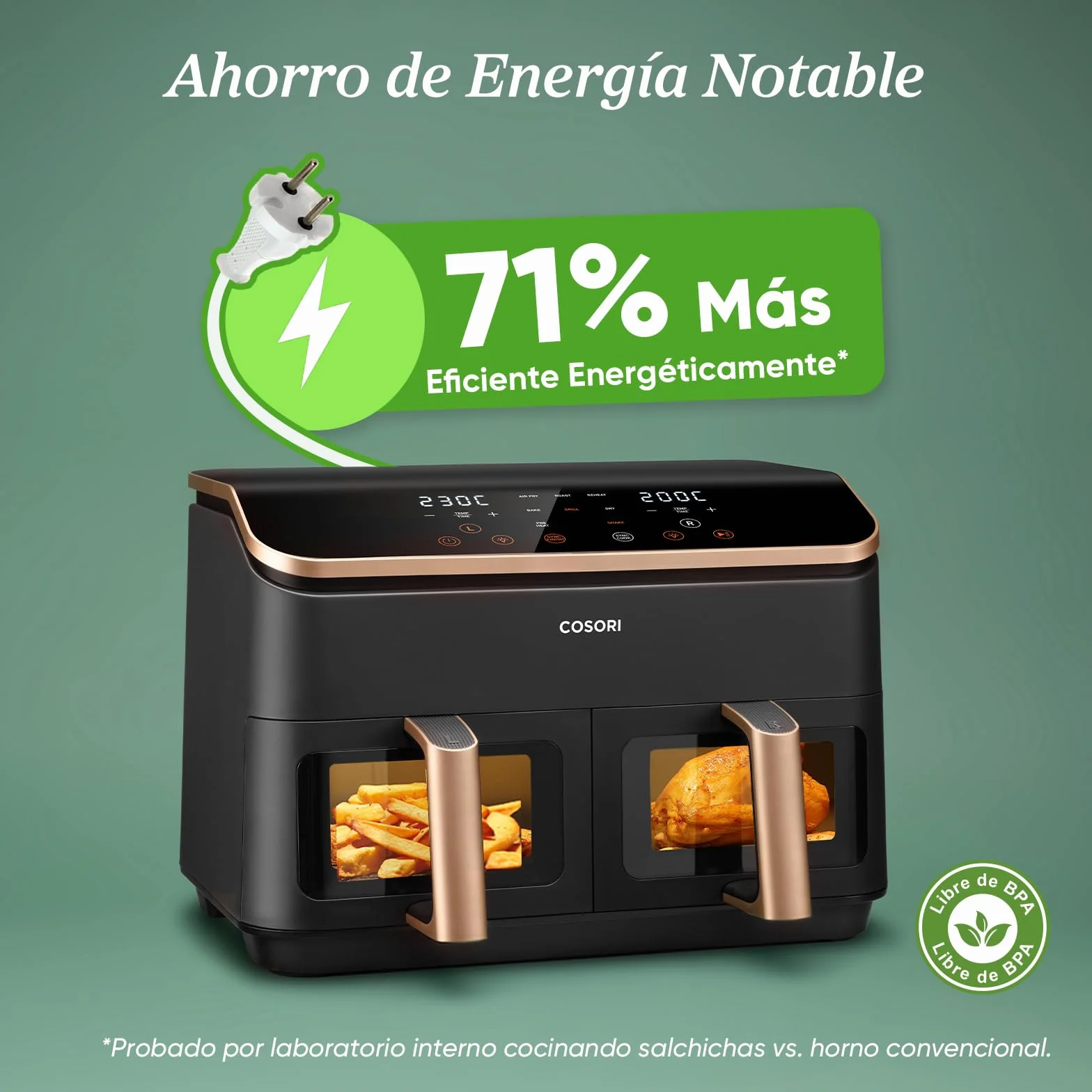 Cosori Freidora de Aire Grande 8,5 Litros Doble Cesta con Ventana Multifunción 10 en 1 Alta Potencia Bajo Ruido