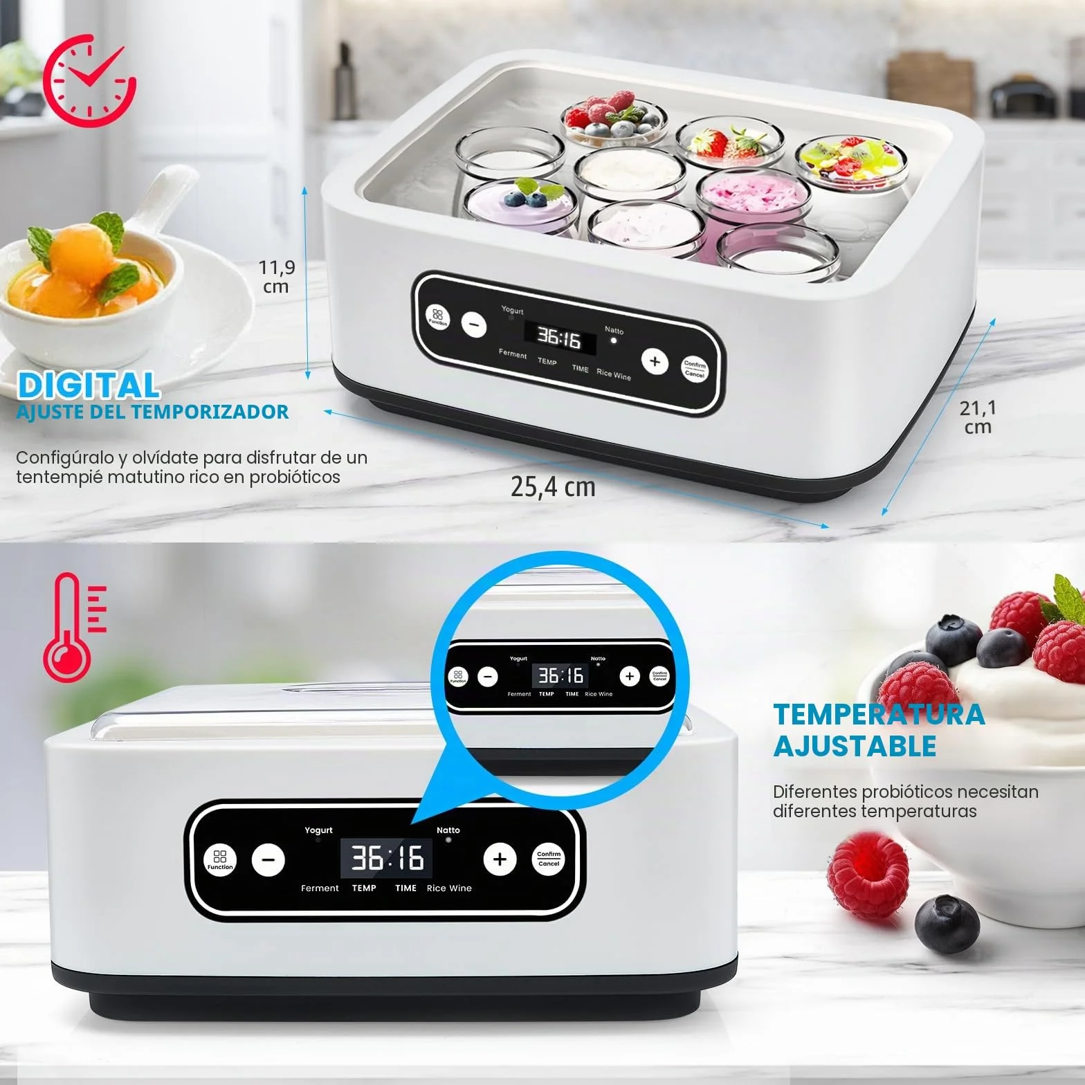 Yogurtera 1.6L 9 Latas 304 Acero Inoxidable Calentamiento PTC Fermentación