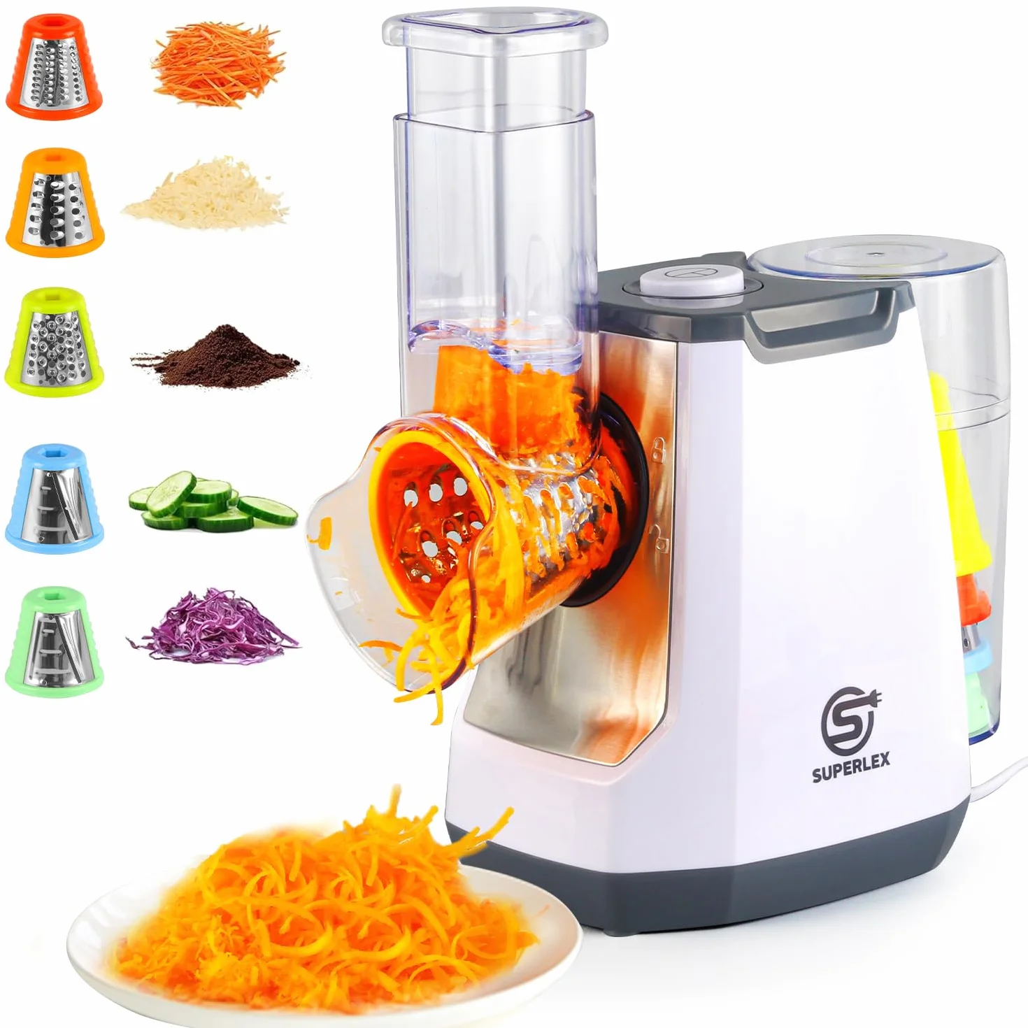 Cortador de verduras eléctrico 5 en 1, mandolina con 5 cuchillas de tambor intercambiables, rallador de cocina
