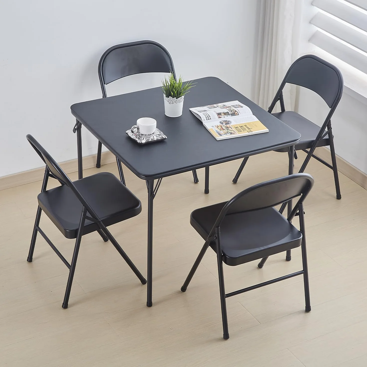 KAIHAOWIN Sillas plegables de acero marco metal doble bisagra, paquete de 4, negro
