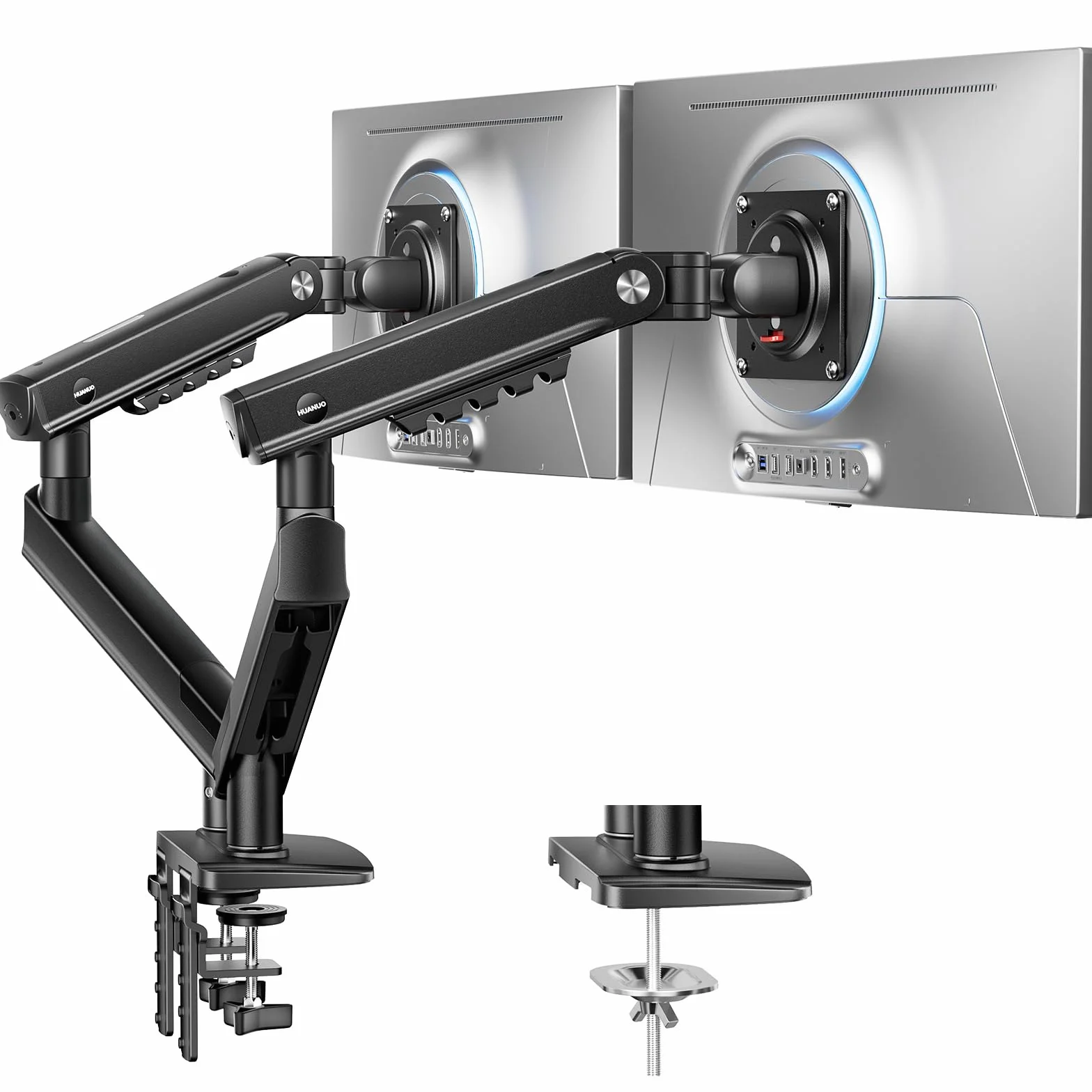 HUANUO Soporte Monitor Doble para Pantallas de 13 a 32" (máx. 9 kg), FlowLift Pro Brazo Monitor, MechaSpring con Inclinación/Giro/Rotación, Montaje VESA sin Herramientas, Montaje por Mordaza-C u Ojal