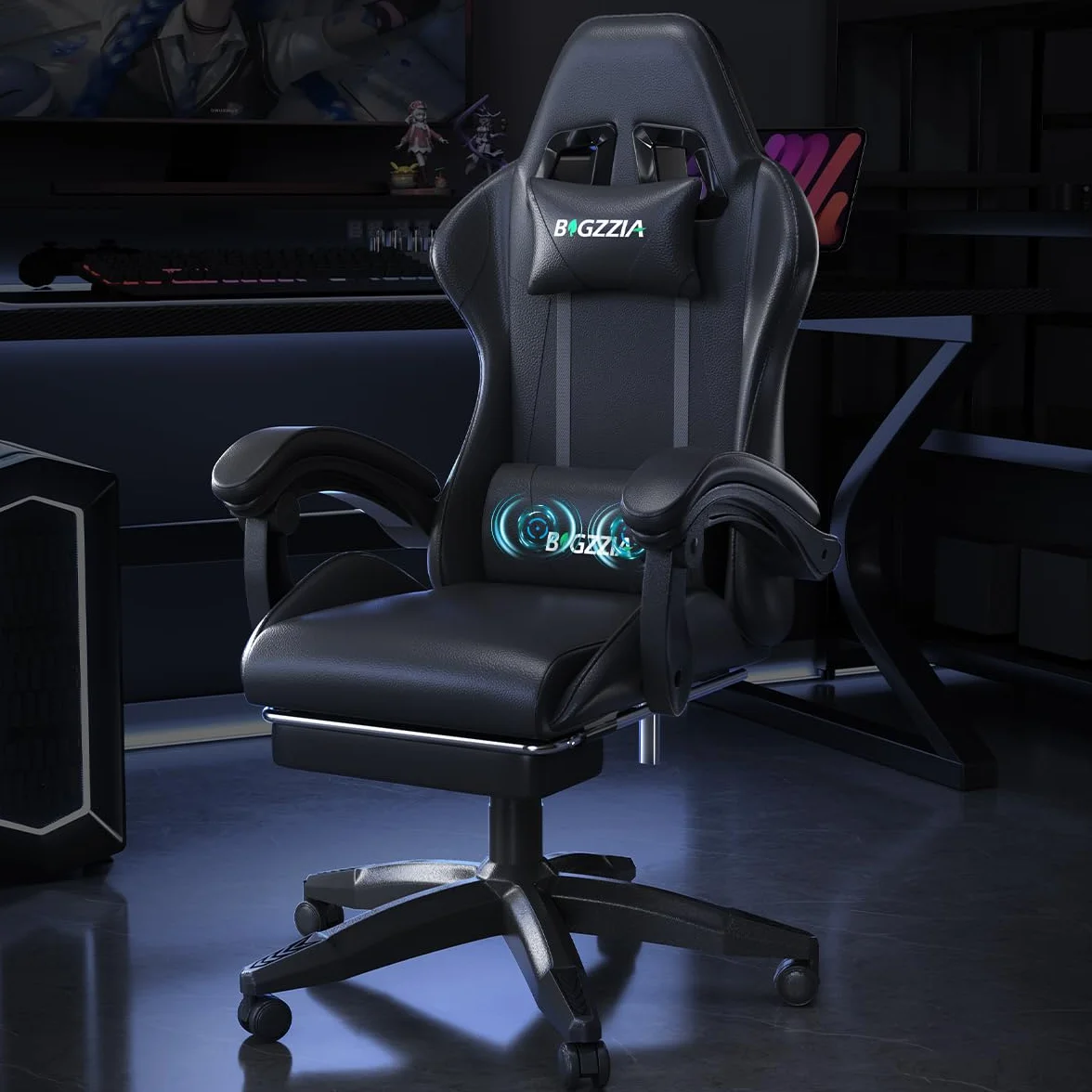 Silla Gaming Ergonómica con Reposapiés y Almohada Lumbar de Masaje, Altura Ajustable - Negro