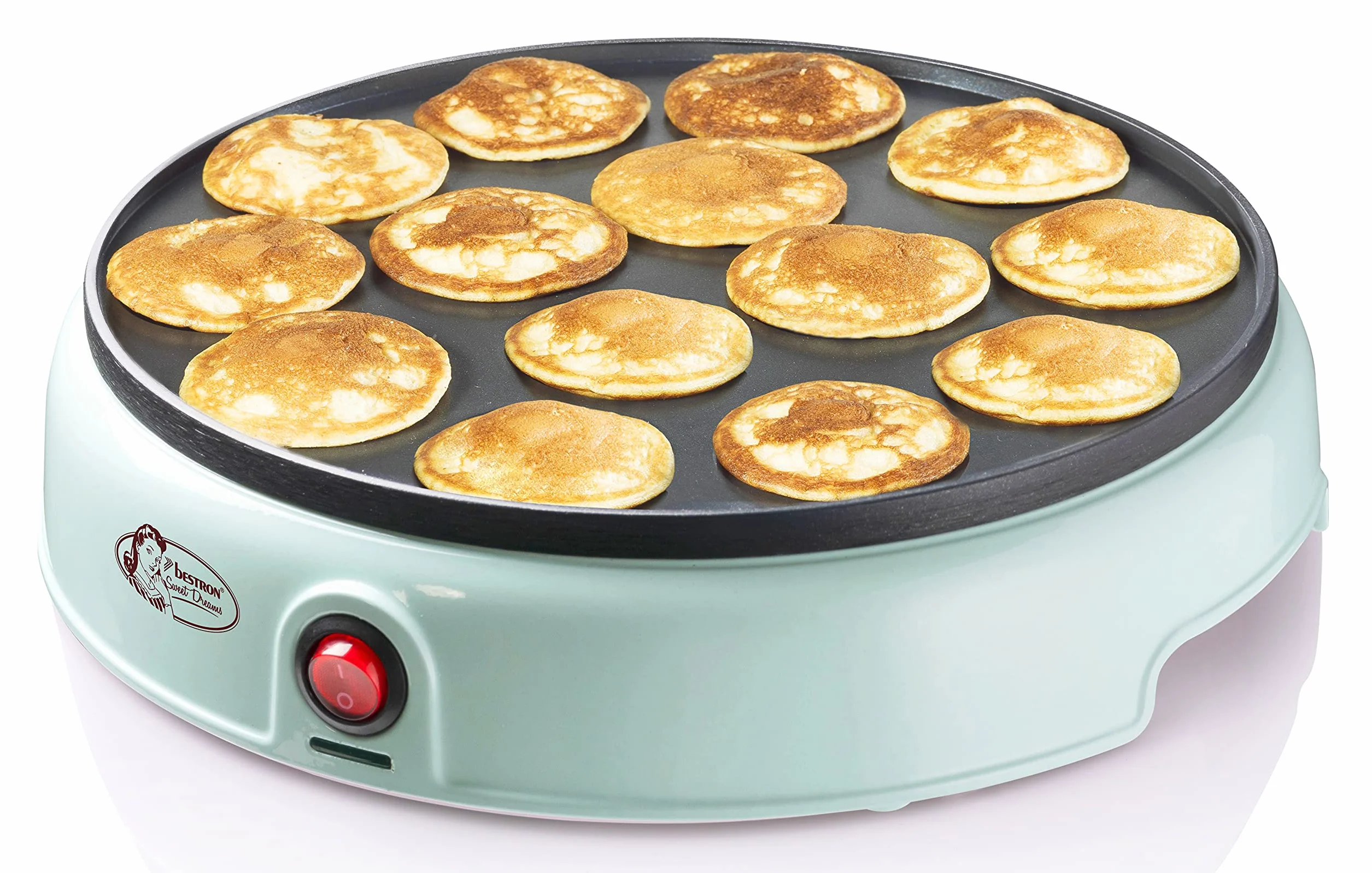 Bestron Poffertjes Maker in Retro Design, Mini Pancake Maker, con revestimiento antiadherente, Sweet Dreams, 800 W, Color: Verde