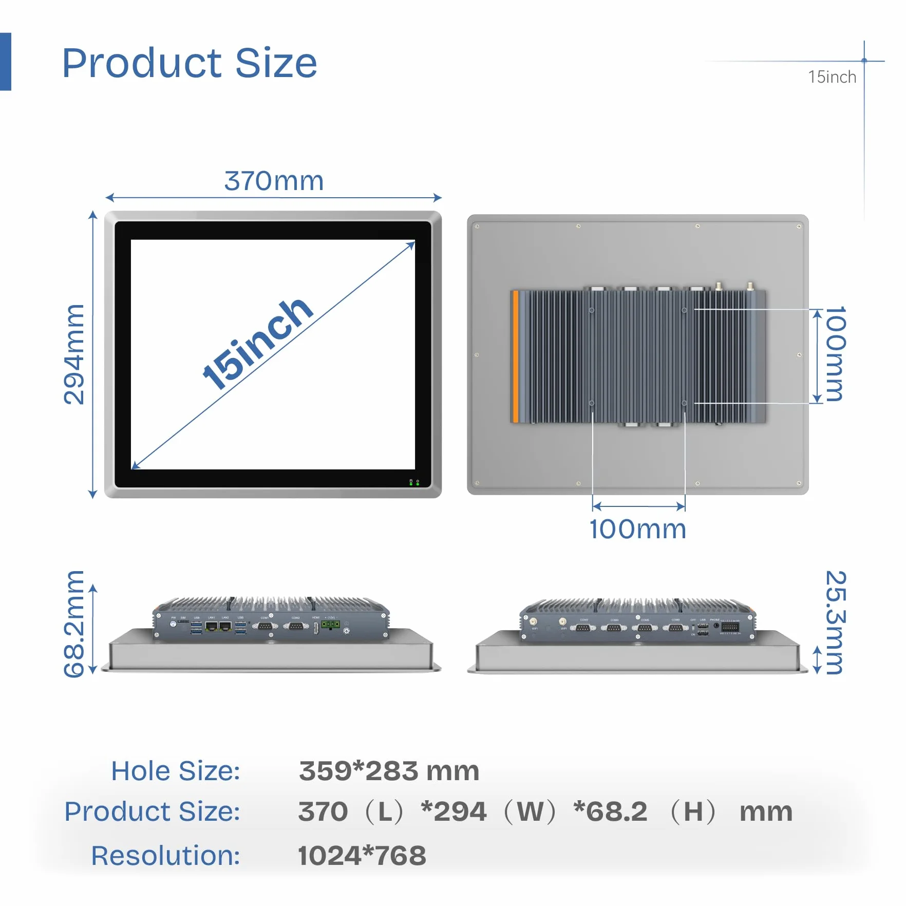 Panel PC Industrial Integrado de 15",Todo en uno,Táctil Capacitiva,sin Ventilador,IP65,Windows 11 Pro,Encendido automático,2×LAN,HDMI,6×USB,2×RS485,4×RS232 (i7-10710U,16 GB RAM,256 GB SSD)