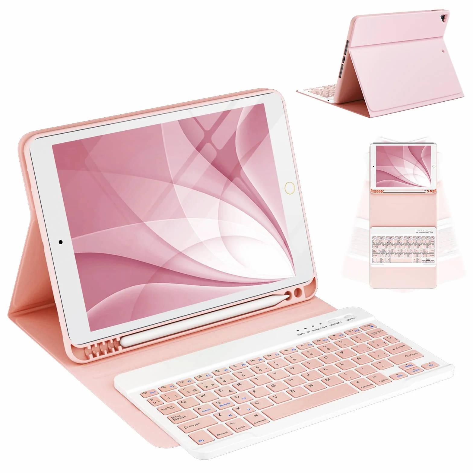 CC Store Teclado iPad 9 Generacion, Teclado Magnético Bluetooth con Ranura para Bolígrafo, Español Ñ Diseño QWERTY, para iPad 10.2" 9ª/8ª/7ª Gen, iPad Pro 10.5" 2017, iPad Air 3 2019, Rosa