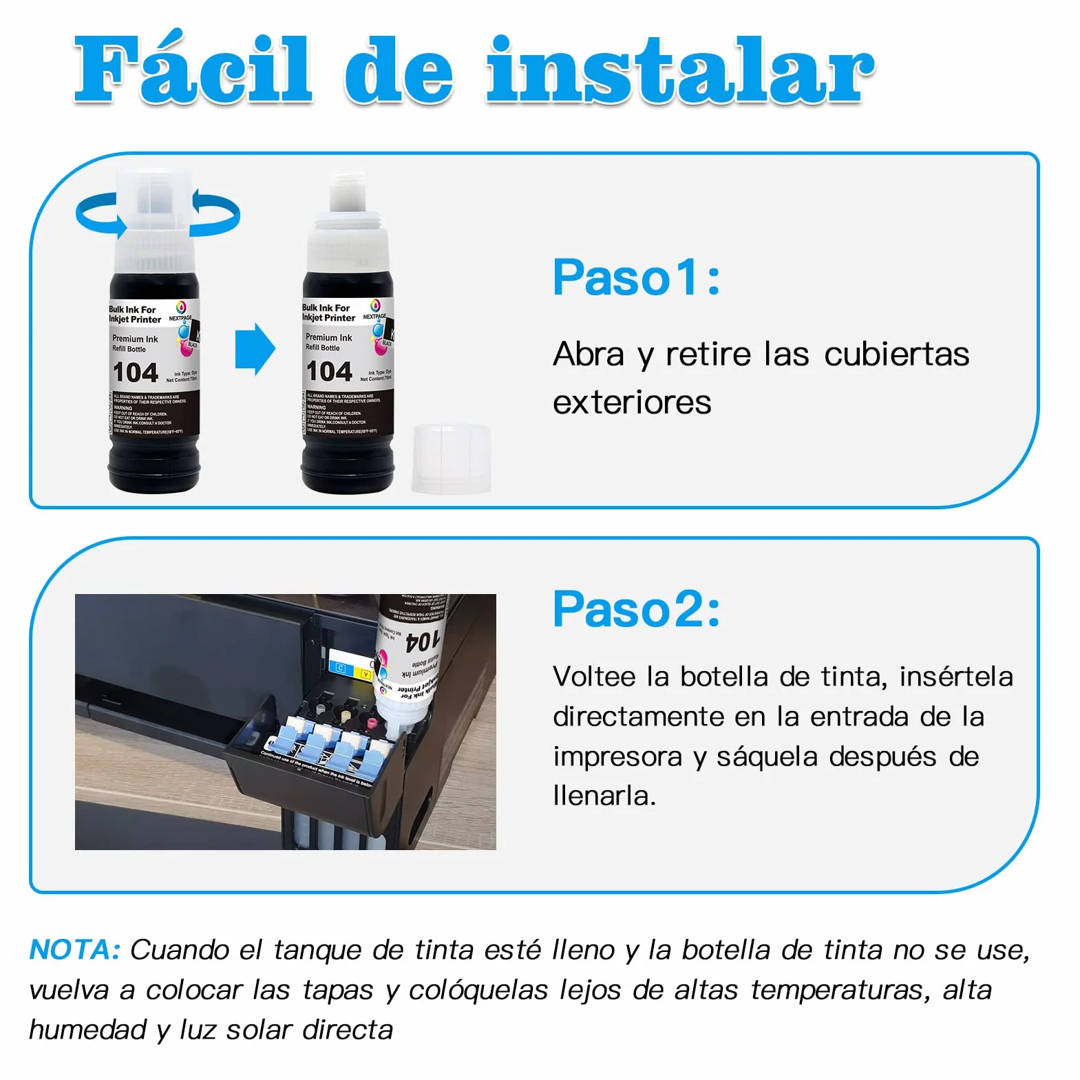 Nextpage EP-104 Tinta Compatible para EP-104 Epson EcoTank Botella de tinta para ET-2820 ET-2810 ET-2870 ET-2710 ET-2711 ET-2712 ET-2714 ET-2715 ET-2720 ET-2726 ET-4726 00 3 Negro (no original)